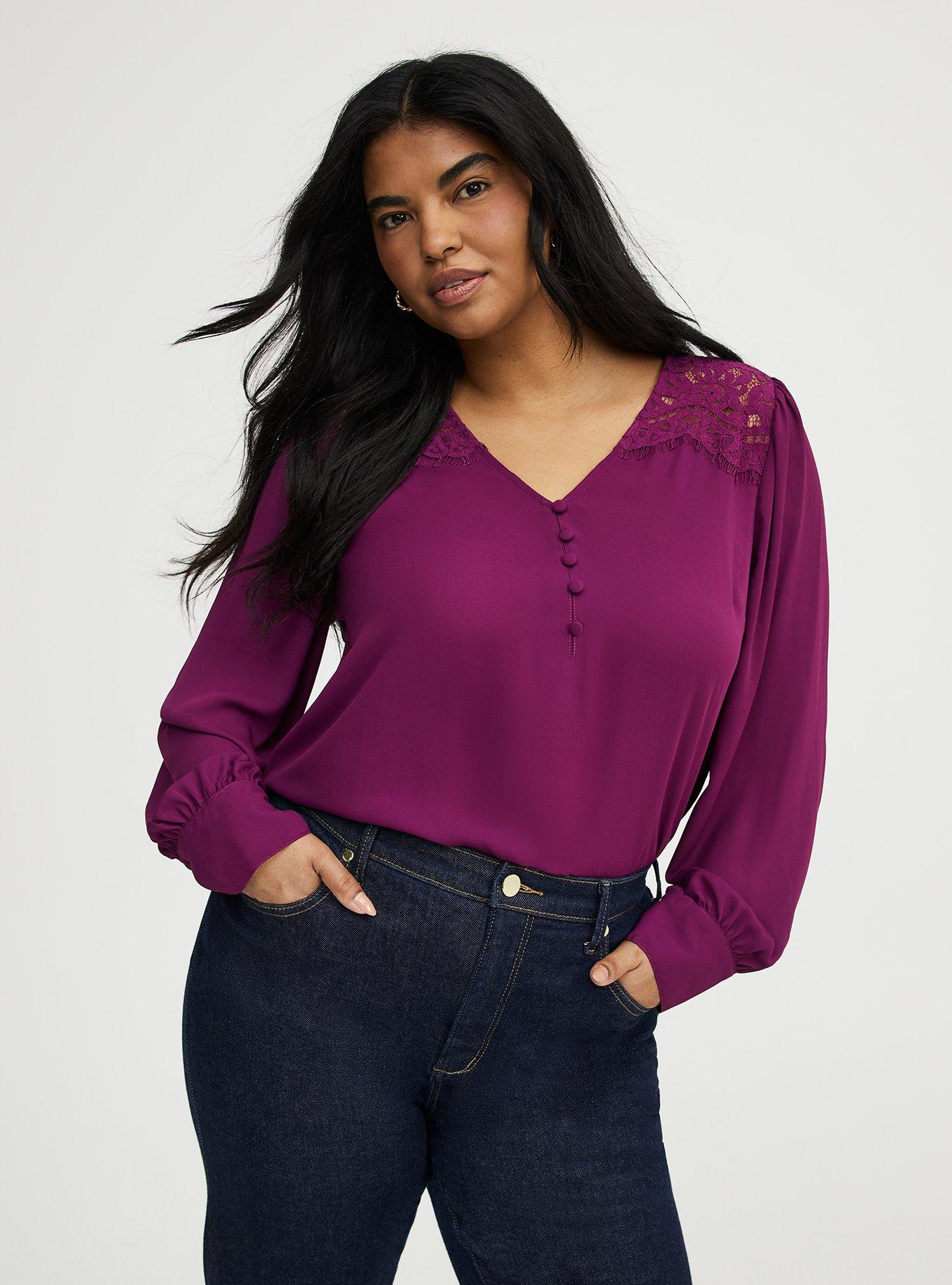 Harper Georgette Lace Trim Blouse, PLUM CASPIA, alternate