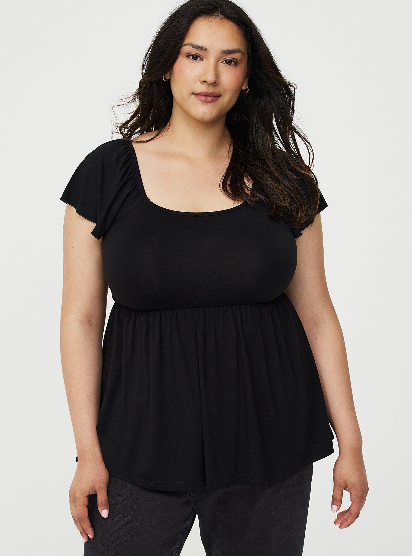 Textured Jersey Flutter Sleeve Babydoll Top, DEEP BLACK, hi-res