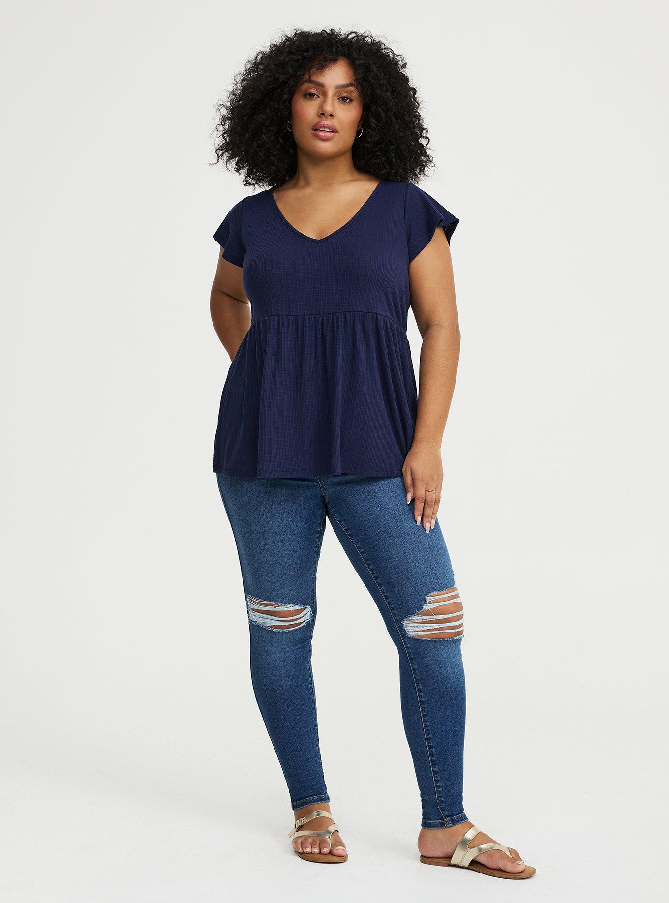 Textured Jersey Flutter Sleeve Babydoll Top, PEACOAT, alternate