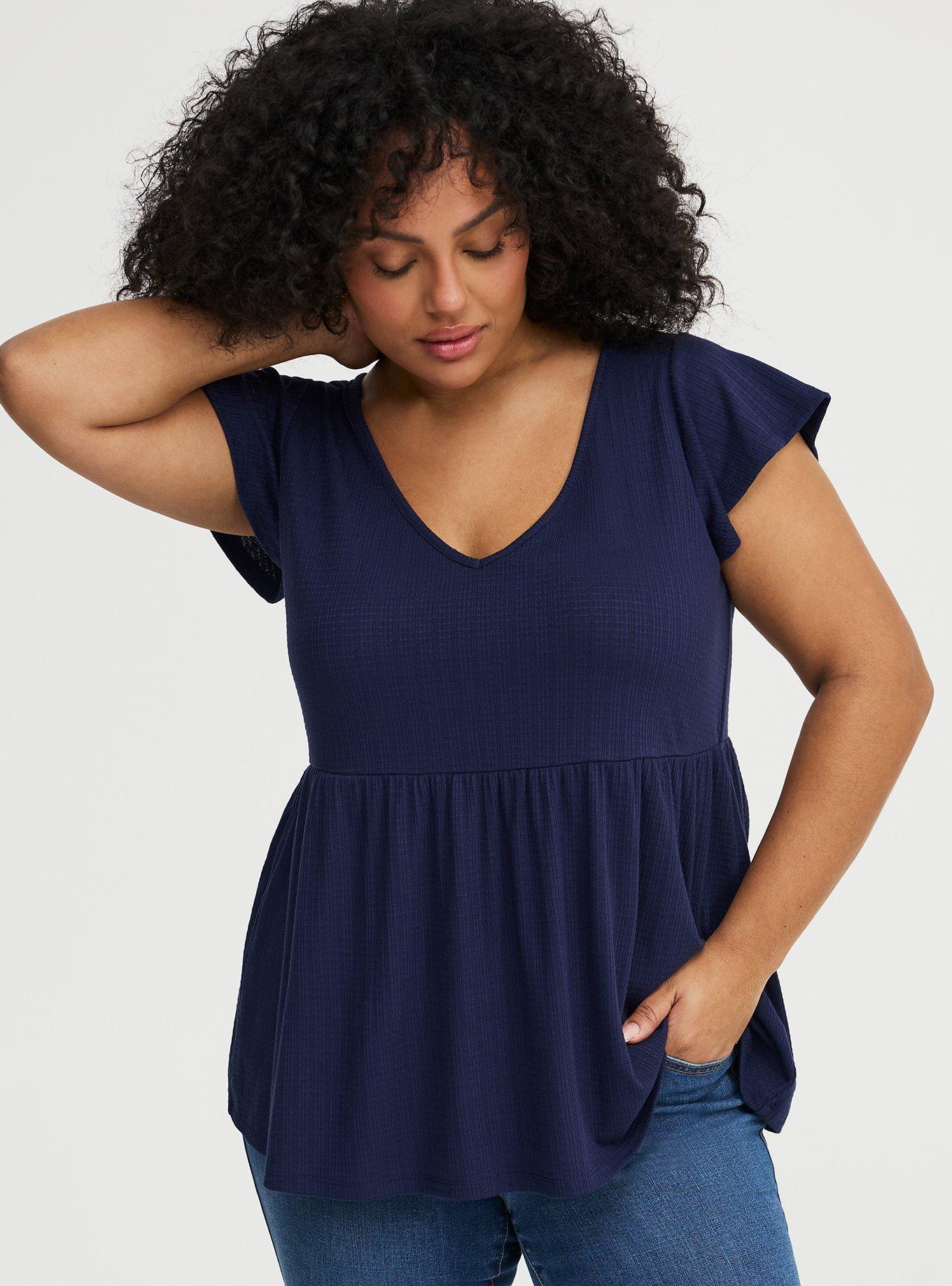 Textured Jersey Flutter Sleeve Babydoll Top, PEACOAT, alternate