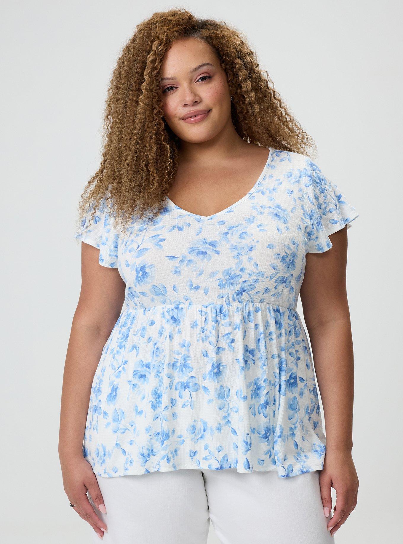 Textured Jersey Flutter Sleeve Babydoll, FLORENCE FLORAL BLANC DE BLANC, hi-res