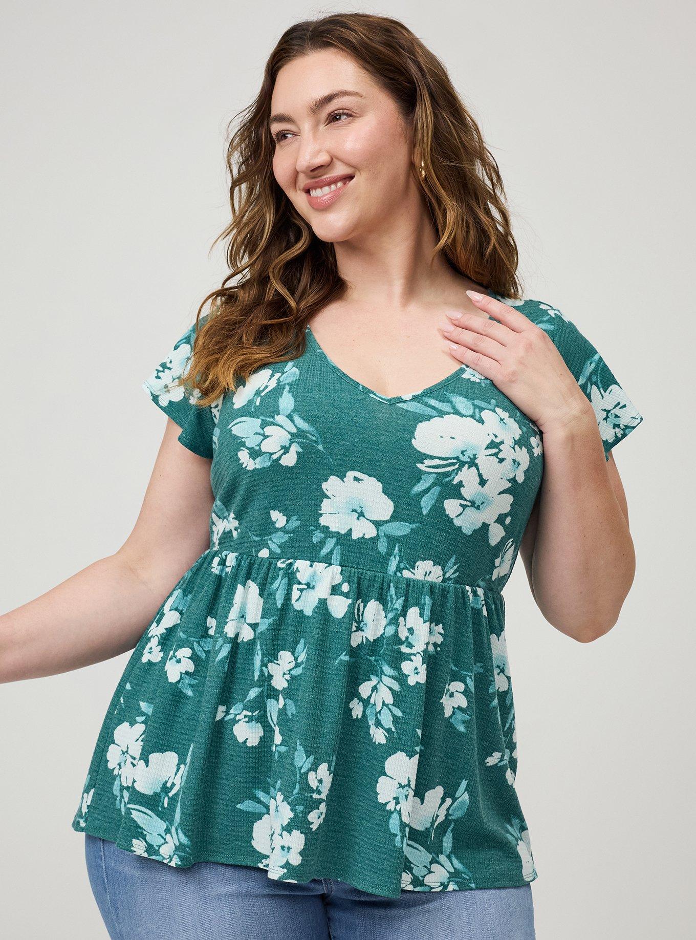 Textured Jersey Flutter Sleeve Babydoll Top, BECKS FLORAL GREEN, hi-res