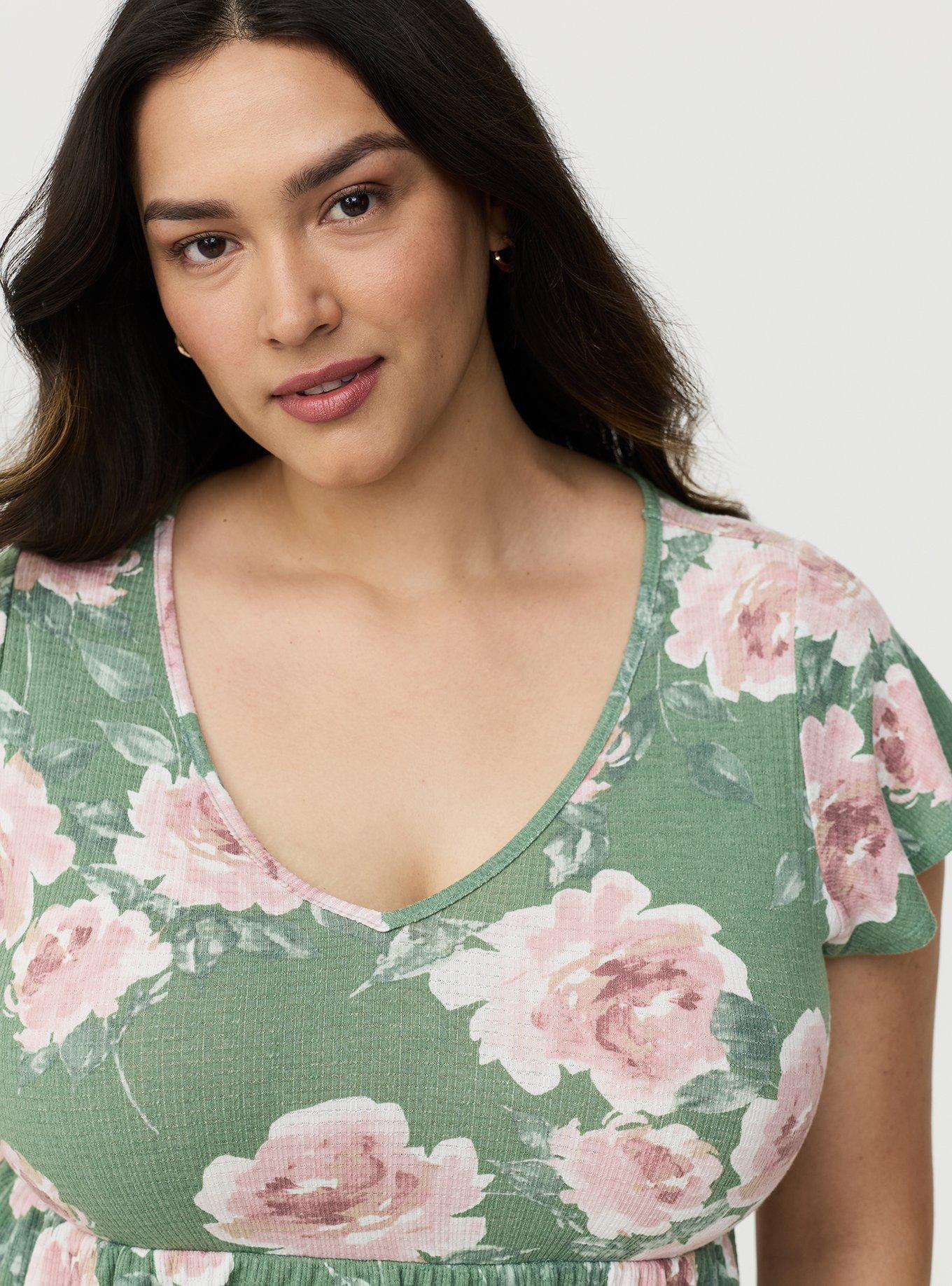 Textured Jersey Flutter Sleeve Babydoll, SAMANTHA FLORAL GREEN, alternate