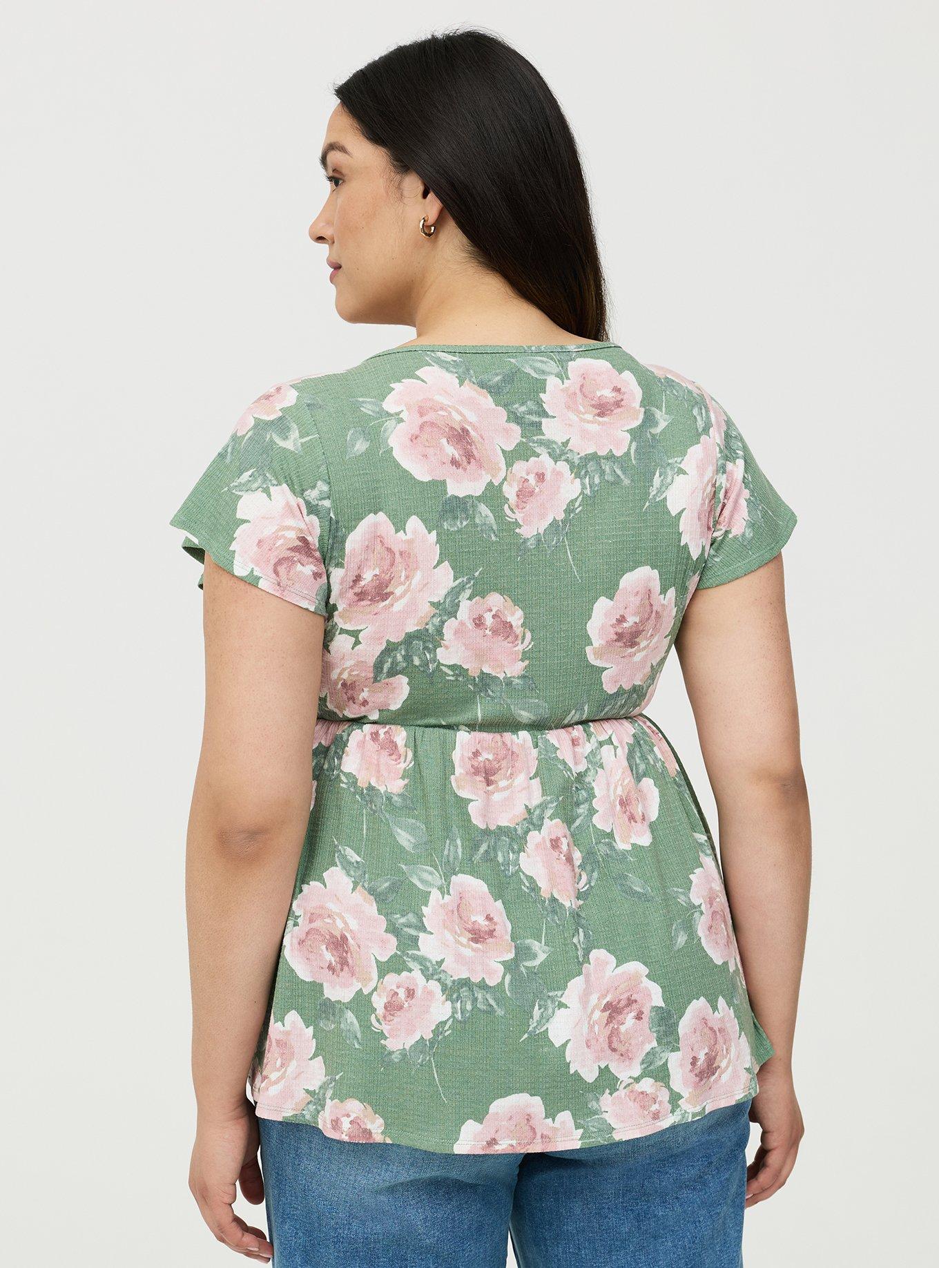 Textured Jersey Flutter Sleeve Babydoll, SAMANTHA FLORAL GREEN, alternate