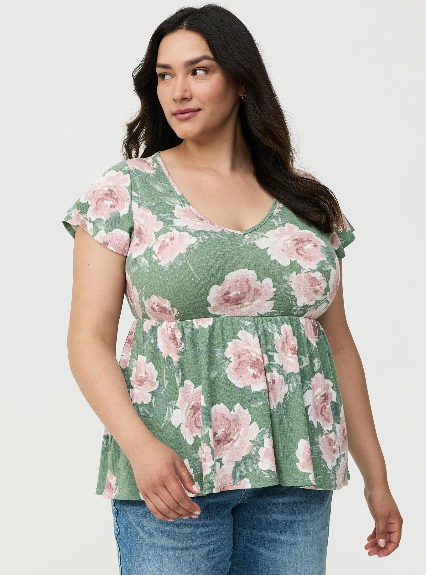 Textured Jersey Flutter Sleeve Babydoll, SAMANTHA FLORAL GREEN, alternate