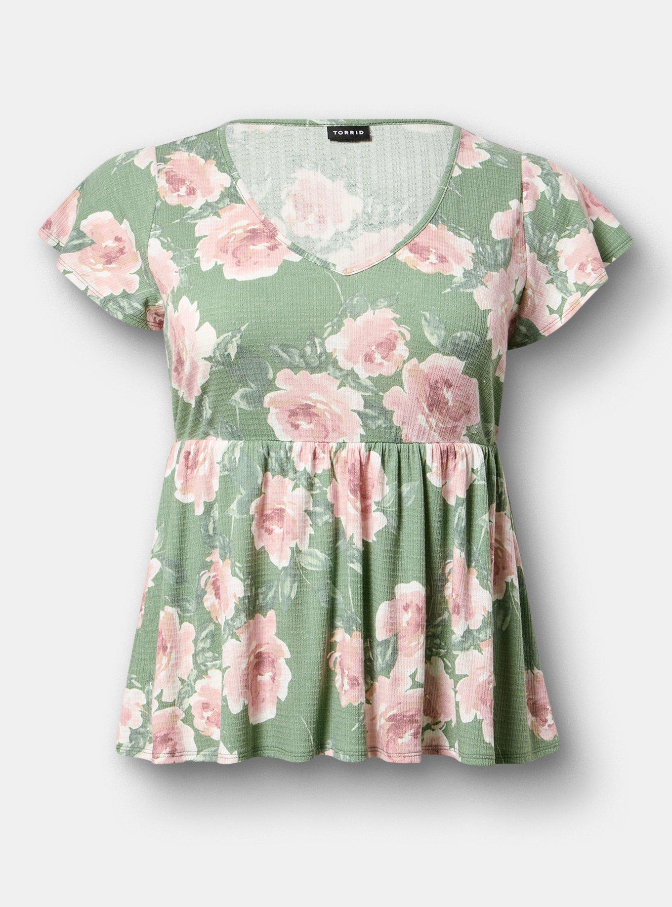 Textured Jersey Flutter Sleeve Babydoll, SAMANTHA FLORAL GREEN, hi-res