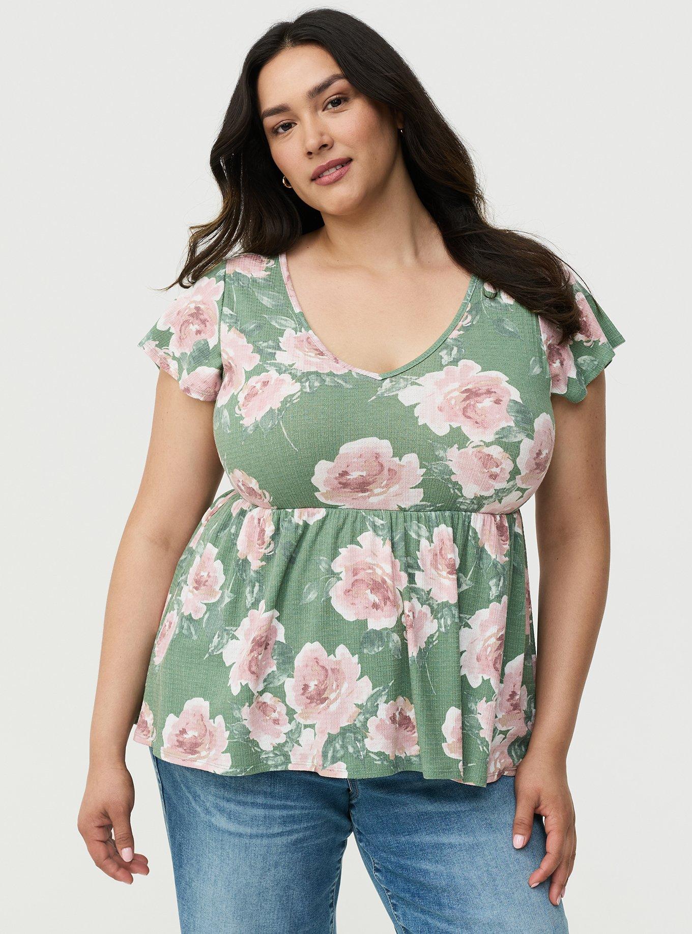 Textured Jersey Flutter Sleeve Babydoll, SAMANTHA FLORAL GREEN, hi-res