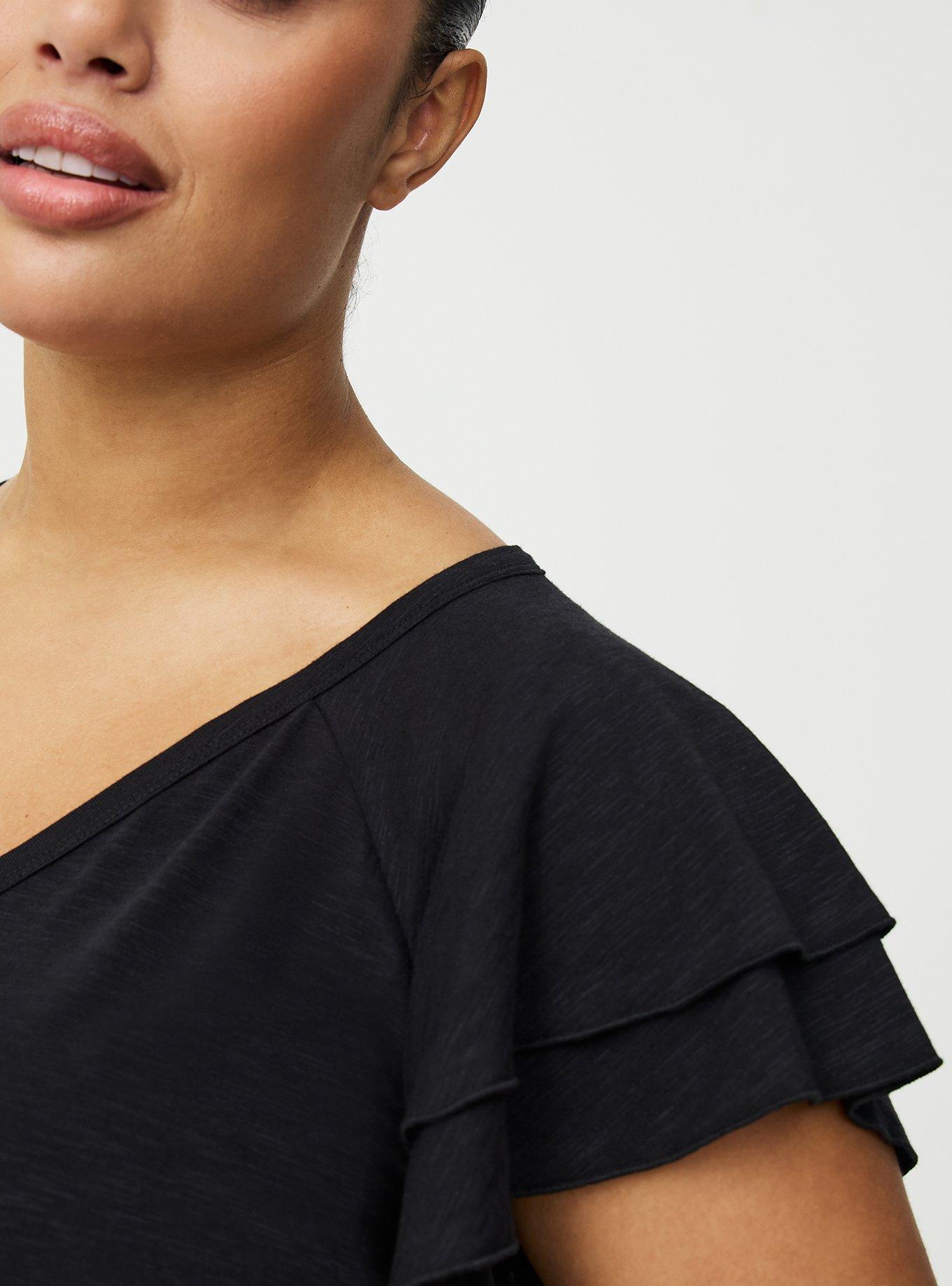 Vintage Slub V-Neck Flutter Sleeve Raglan Tee, DEEP BLACK, alternate