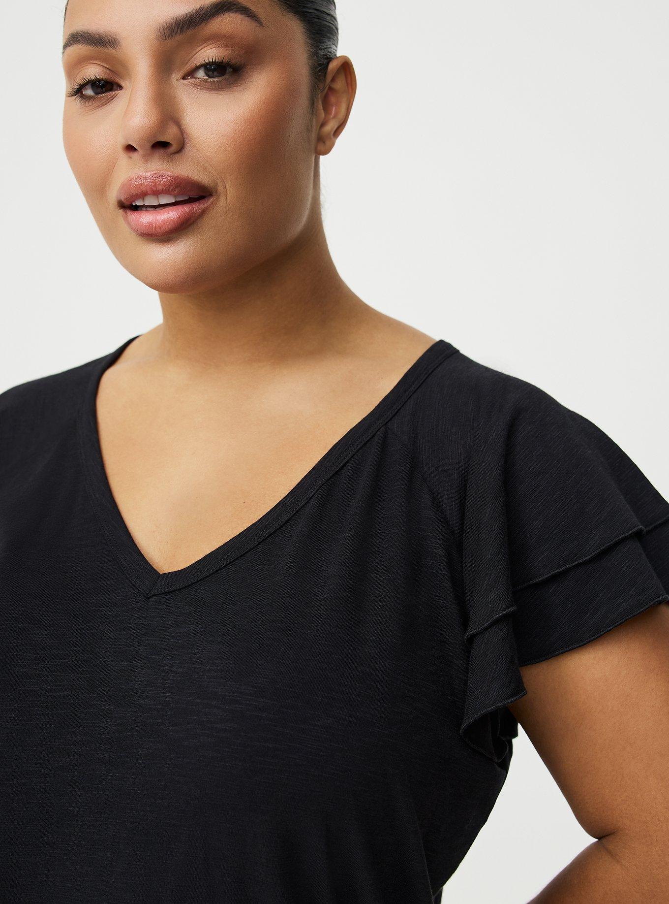 Vintage Slub V-Neck Flutter Sleeve Raglan Tee, DEEP BLACK, alternate