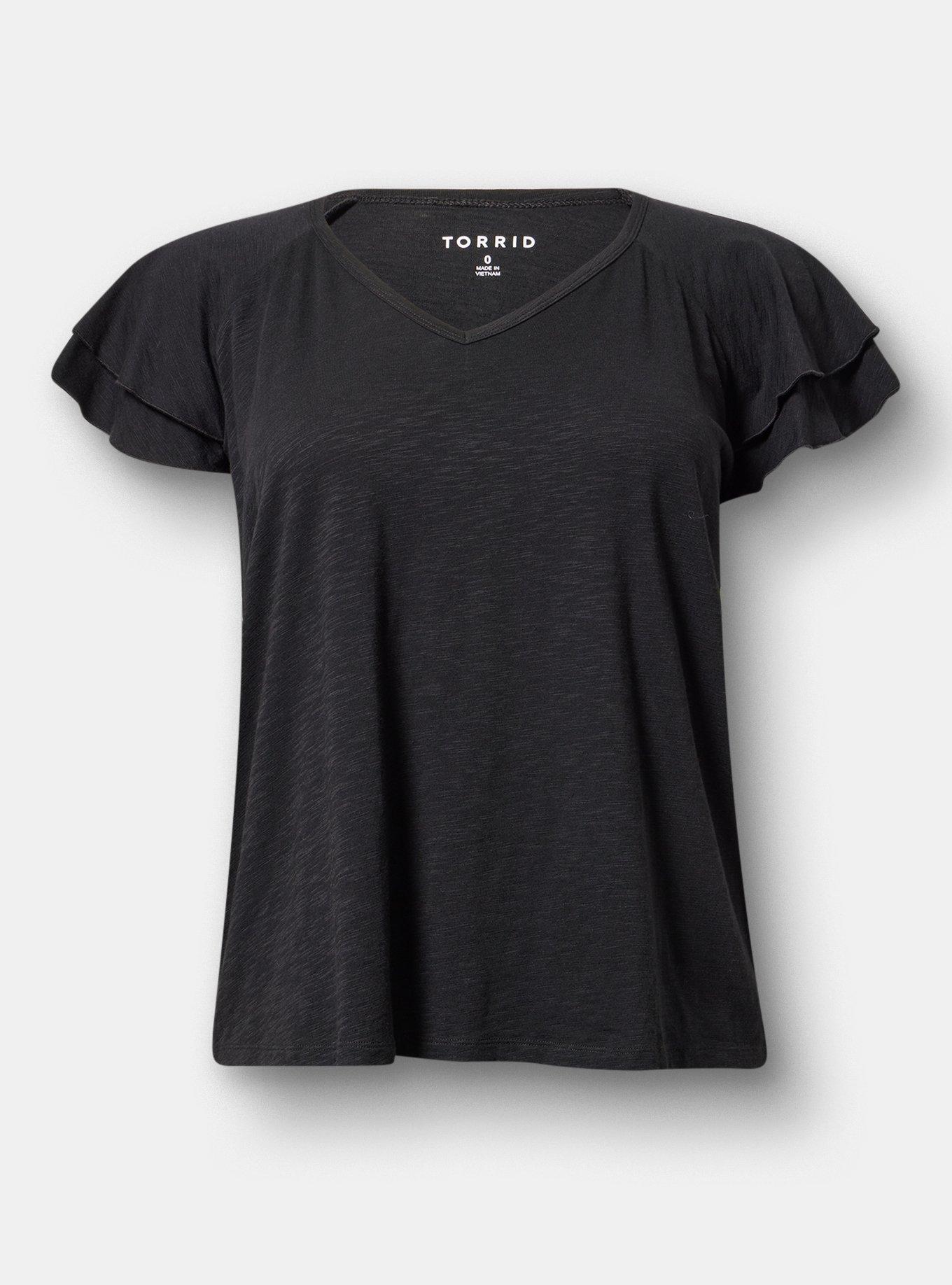 Vintage Slub V-Neck Flutter Sleeve Raglan Tee, DEEP BLACK, hi-res