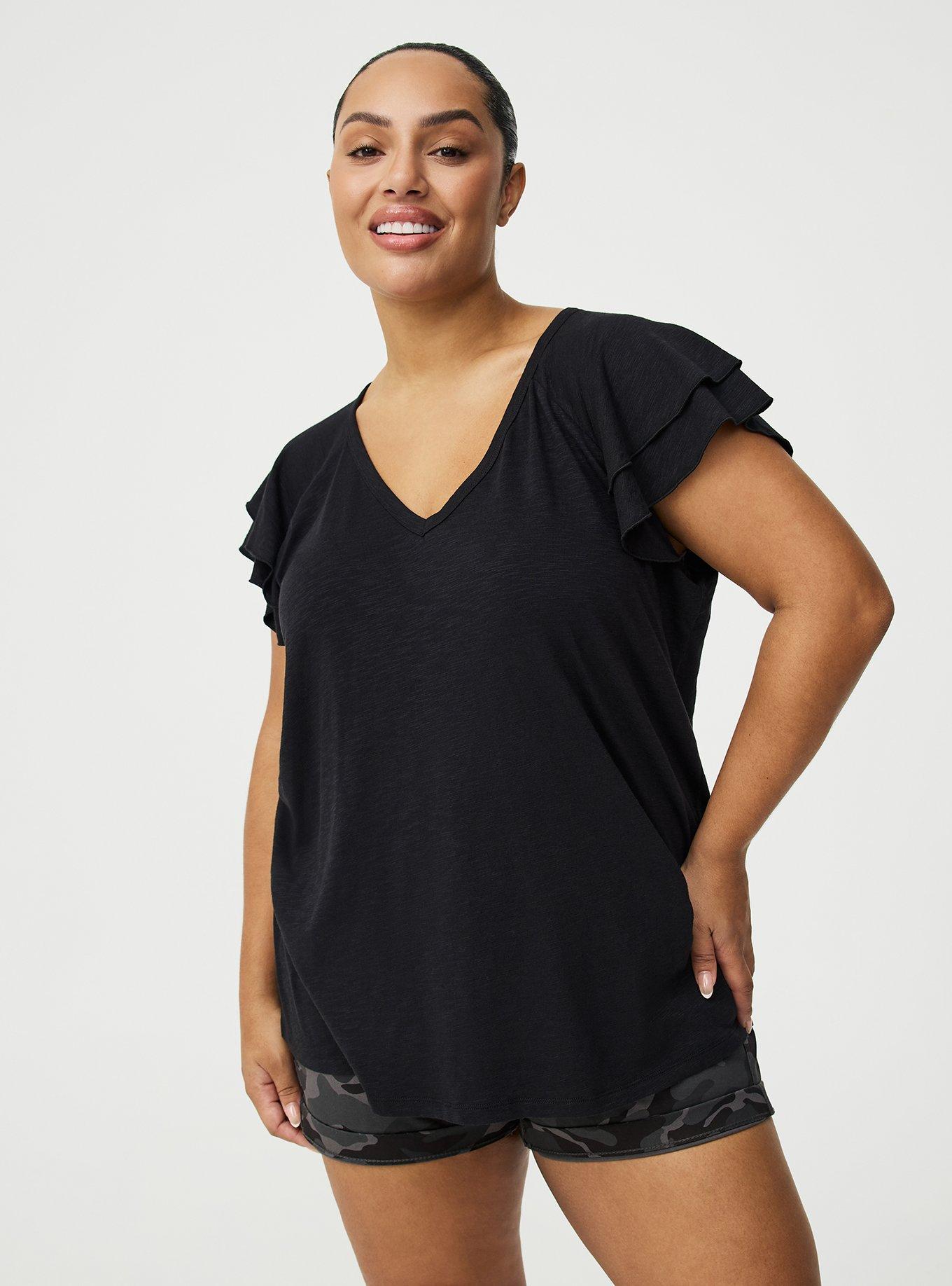 Plus Size Vintage Slub V-Neck Flutter Sleeve Raglan Tee, DEEP BLACK, hi-res
