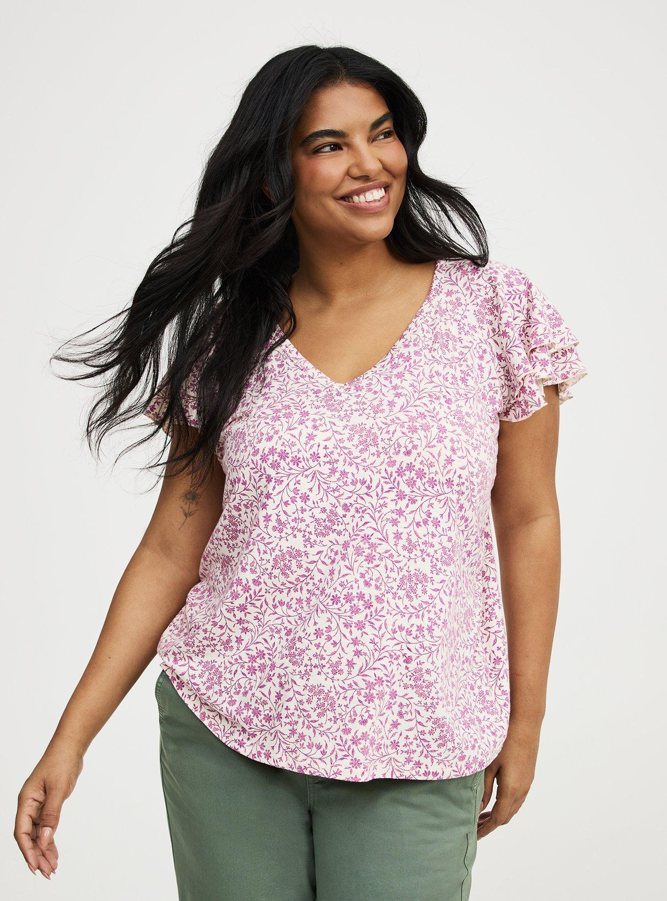 Plus Size Vintage Slub V-Neck Flutter Sleeve Raglan Tee, FELICITY FLORAL PINK, hi-res