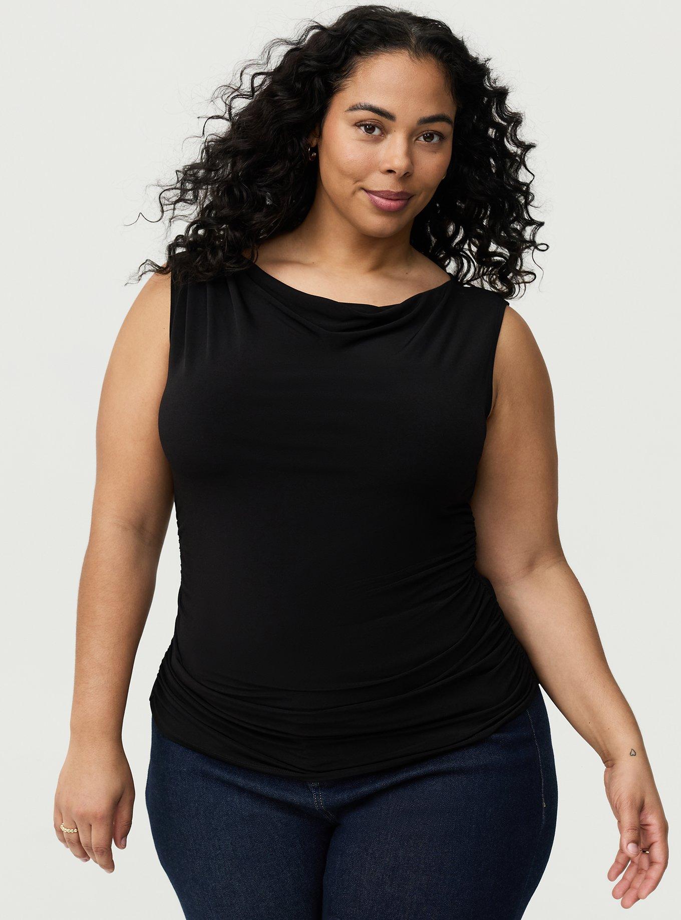 Studio Knit High Neck Draped Top, DEEP BLACK, hi-res