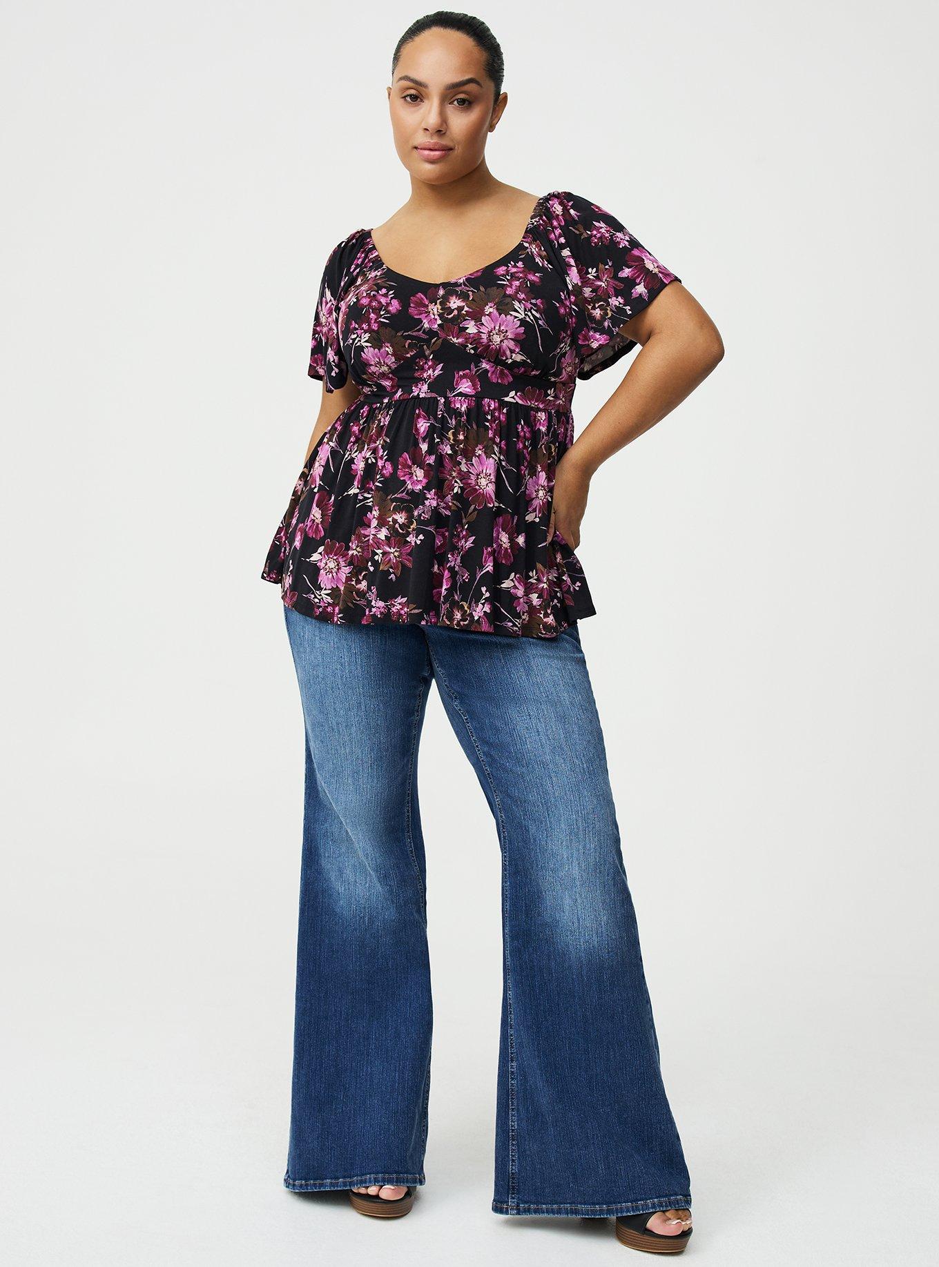 Super Soft Jersey Flutter Sleeve Babydoll Top, WHIMSICAL DAISY FLORAL BLACK, alternate