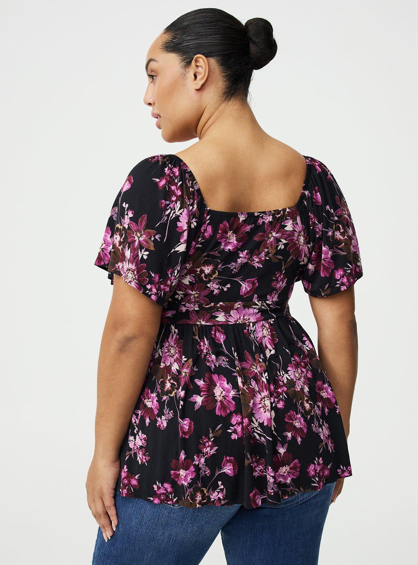 Super Soft Jersey Flutter Sleeve Babydoll Top, WHIMSICAL DAISY FLORAL BLACK, alternate