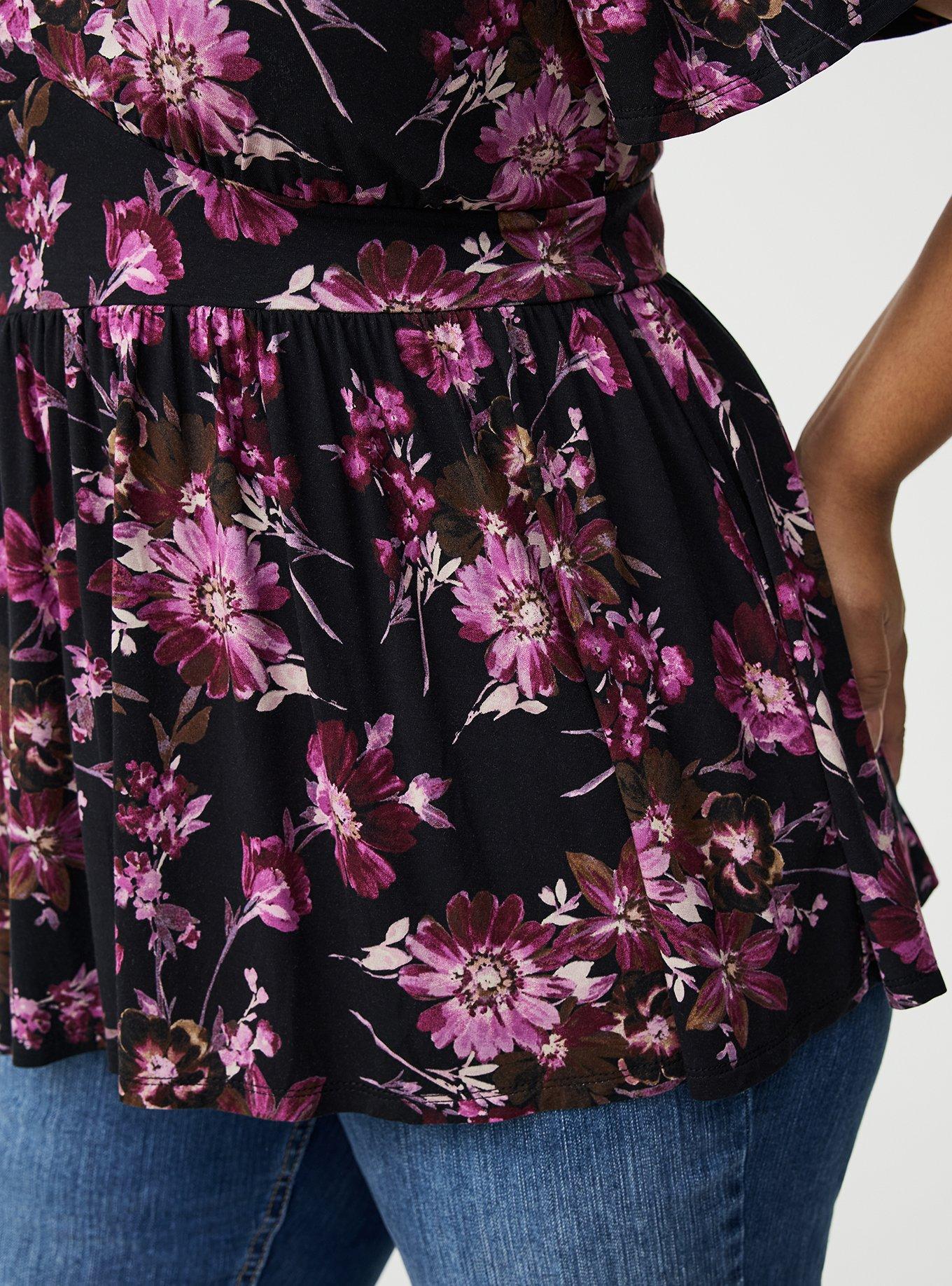 Super Soft Jersey Flutter Sleeve Babydoll Top, WHIMSICAL DAISY FLORAL BLACK, alternate