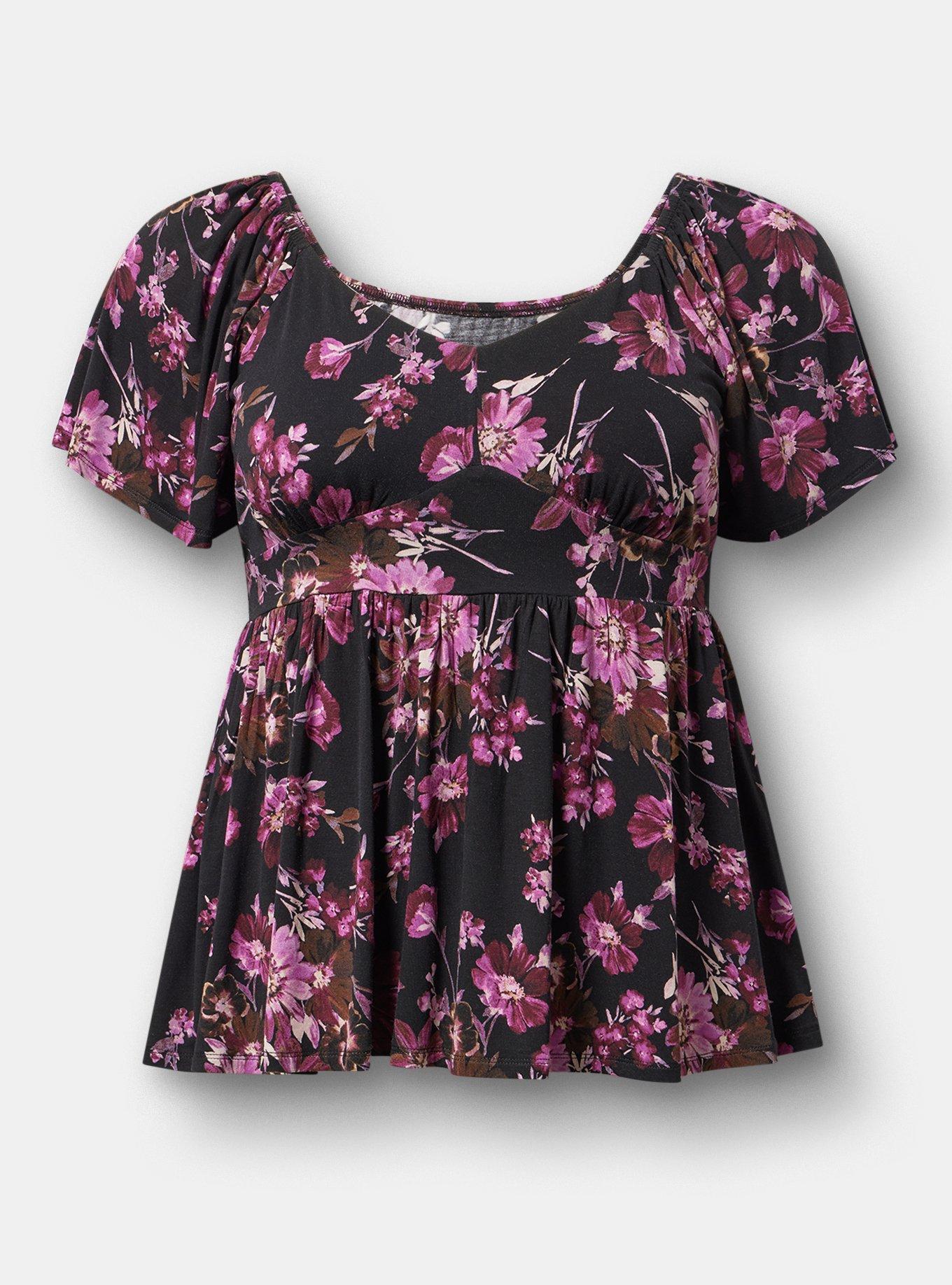 Super Soft Jersey Flutter Sleeve Babydoll Top, WHIMSICAL DAISY FLORAL BLACK, hi-res