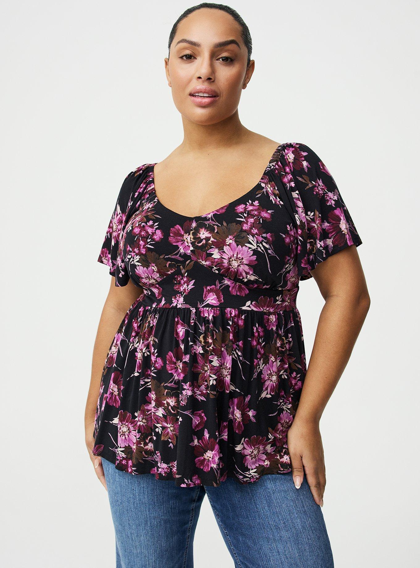 Supersoft Jersey Flutter Sleeve Babydoll Top, WHIMSICAL DAISY FLORAL BLACK, hi-res