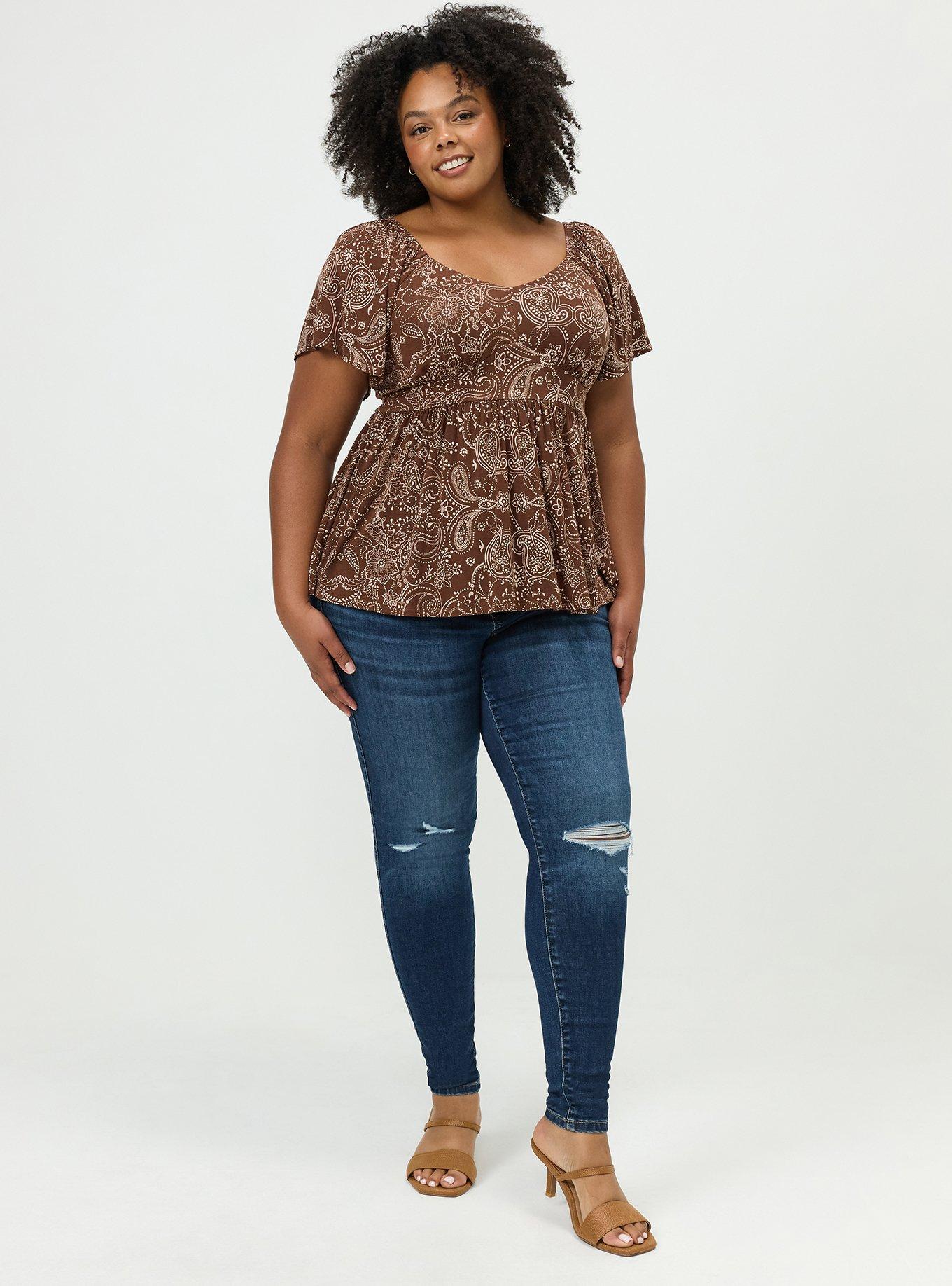 Plus Size Super Soft Jersey Flutter Sleeve Babydoll Top, DOTTED PAISLEY BANDANNA BROWN, alternate