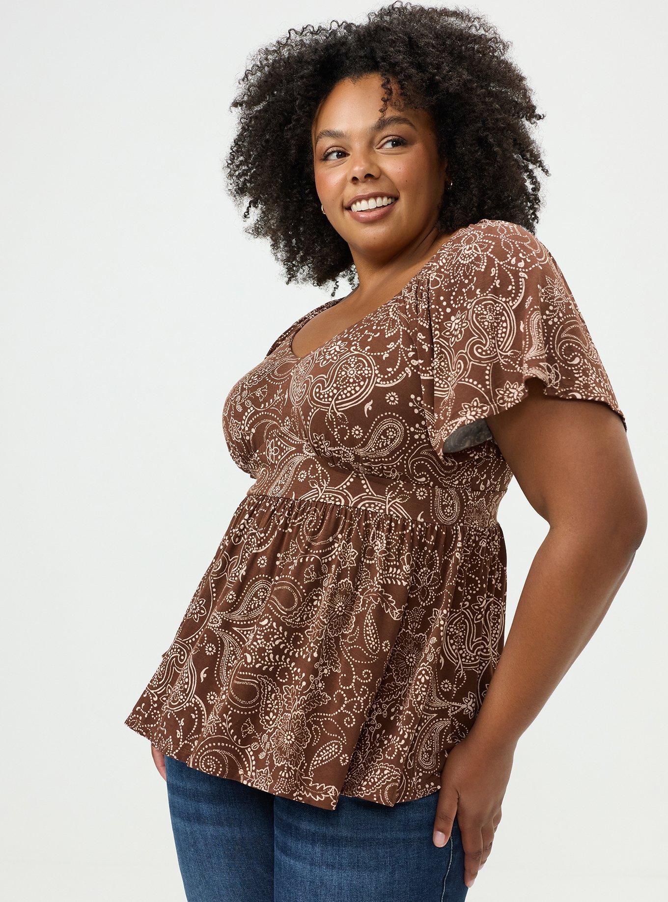Plus Size Super Soft Jersey Flutter Sleeve Babydoll Top, DOTTED PAISLEY BANDANNA BROWN, alternate