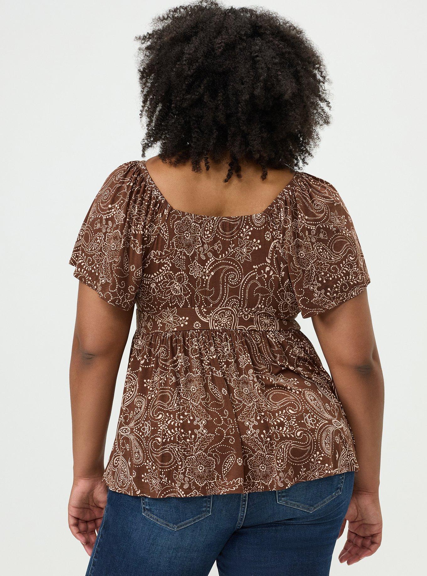 Plus Size Super Soft Jersey Flutter Sleeve Babydoll Top, DOTTED PAISLEY BANDANNA BROWN, alternate
