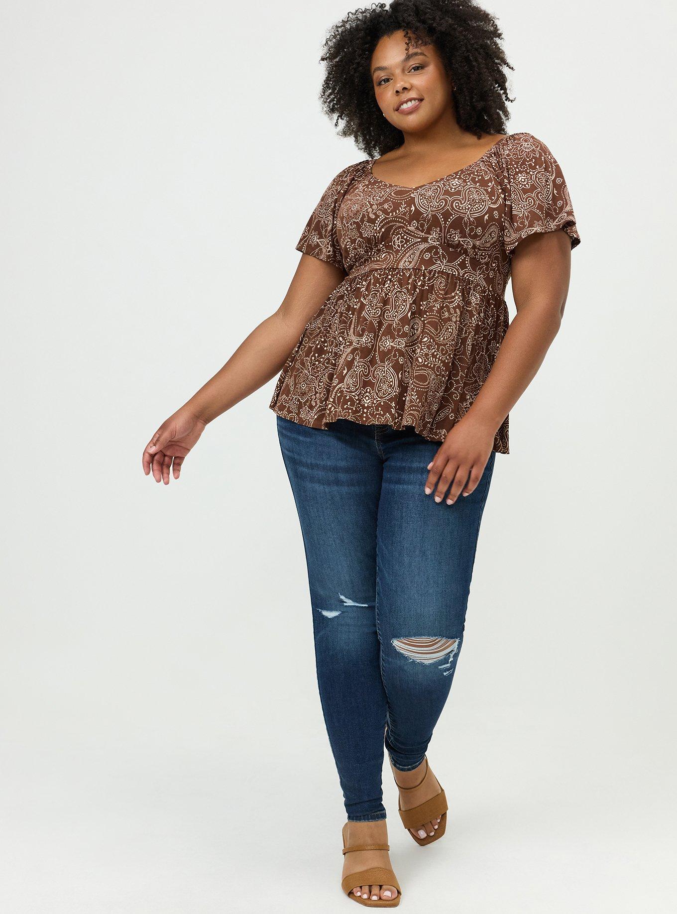 Plus Size Super Soft Jersey Flutter Sleeve Babydoll Top, DOTTED PAISLEY BANDANNA BROWN, alternate