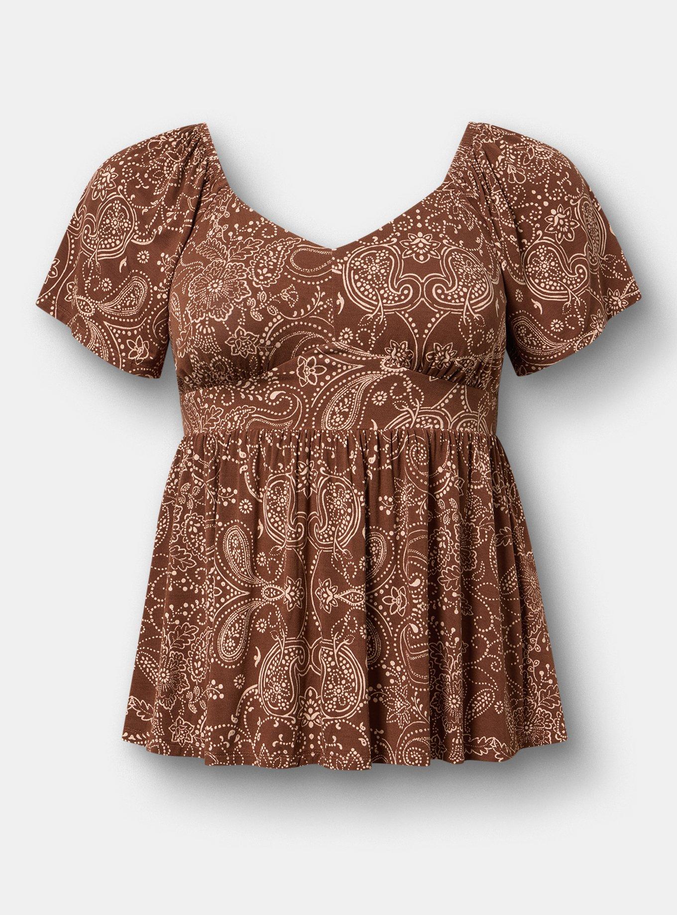 Plus Size Super Soft Jersey Flutter Sleeve Babydoll Top, DOTTED PAISLEY BANDANNA BROWN, hi-res