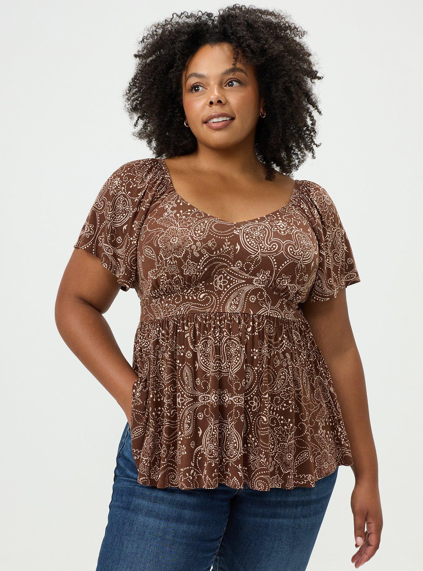 Plus Size Super Soft Jersey Flutter Sleeve Babydoll Top, DOTTED PAISLEY BANDANNA BROWN, hi-res