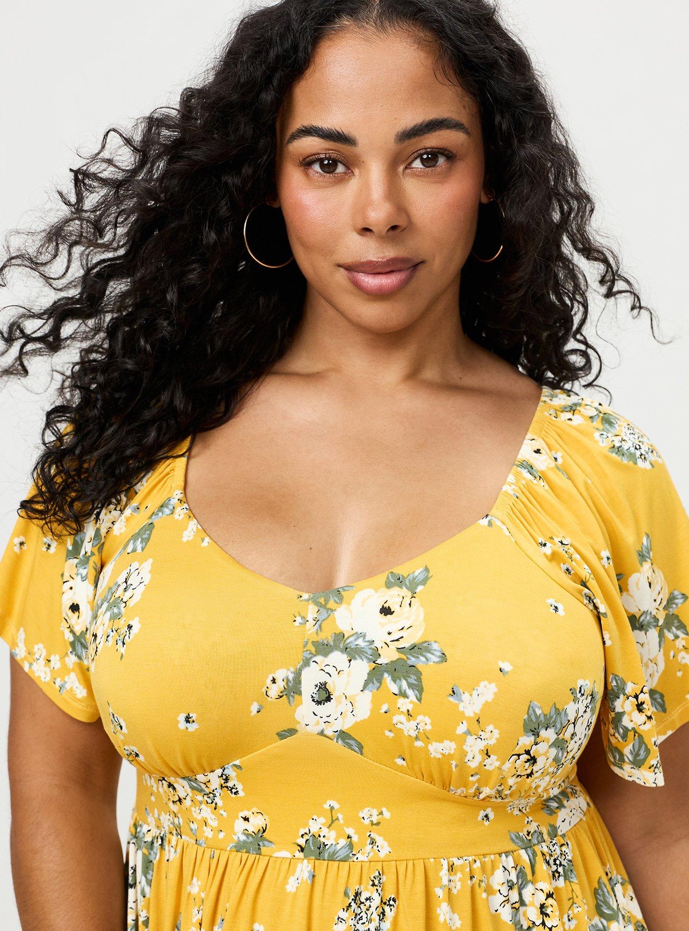 Plus Size Super Soft Jersey Flutter Sleeve Babydoll Top, MARCIE ROSE FLORAL YELLOW, alternate