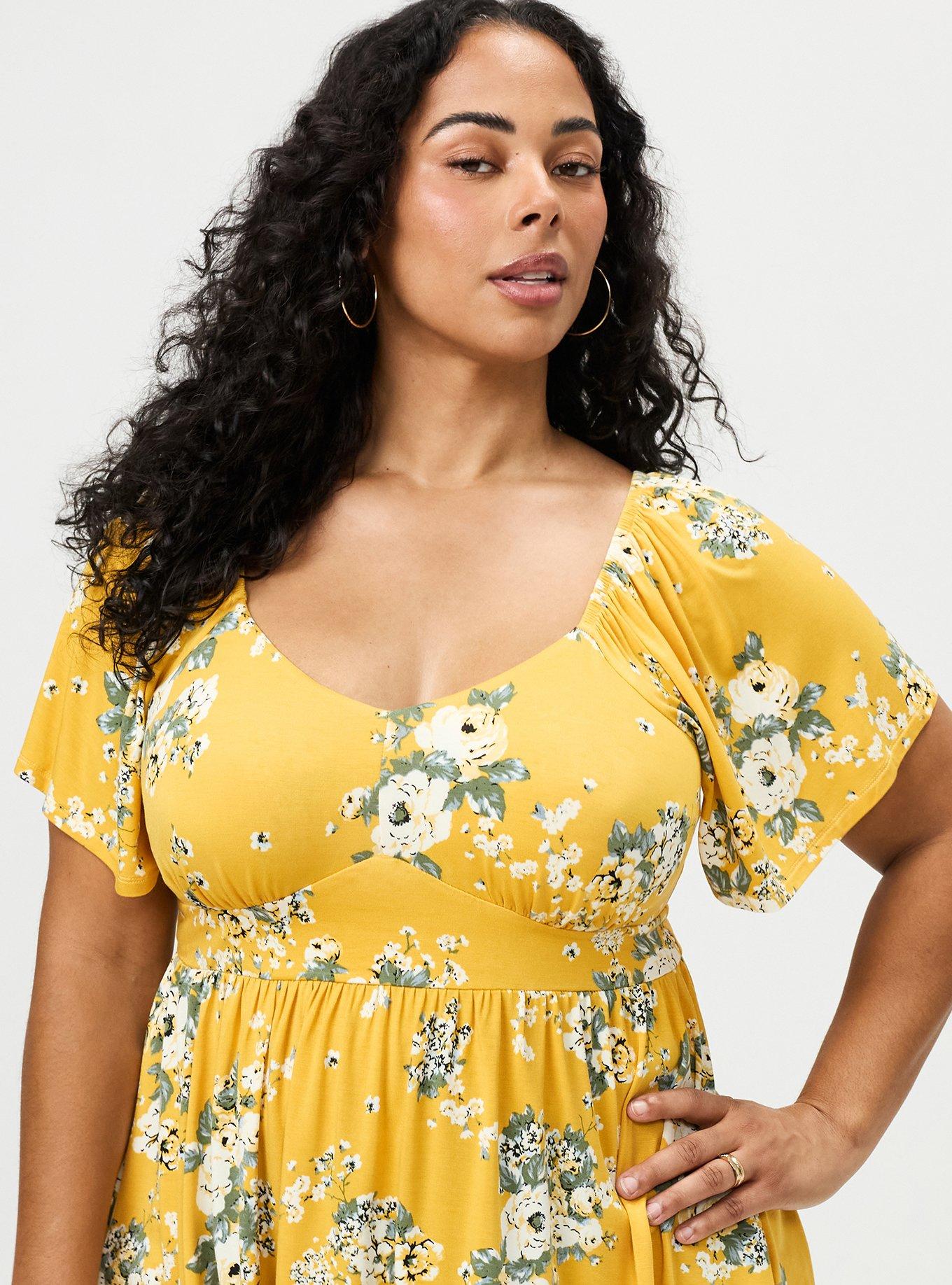 Plus Size Super Soft Jersey Flutter Sleeve Babydoll Top, MARCIE ROSE FLORAL YELLOW, alternate