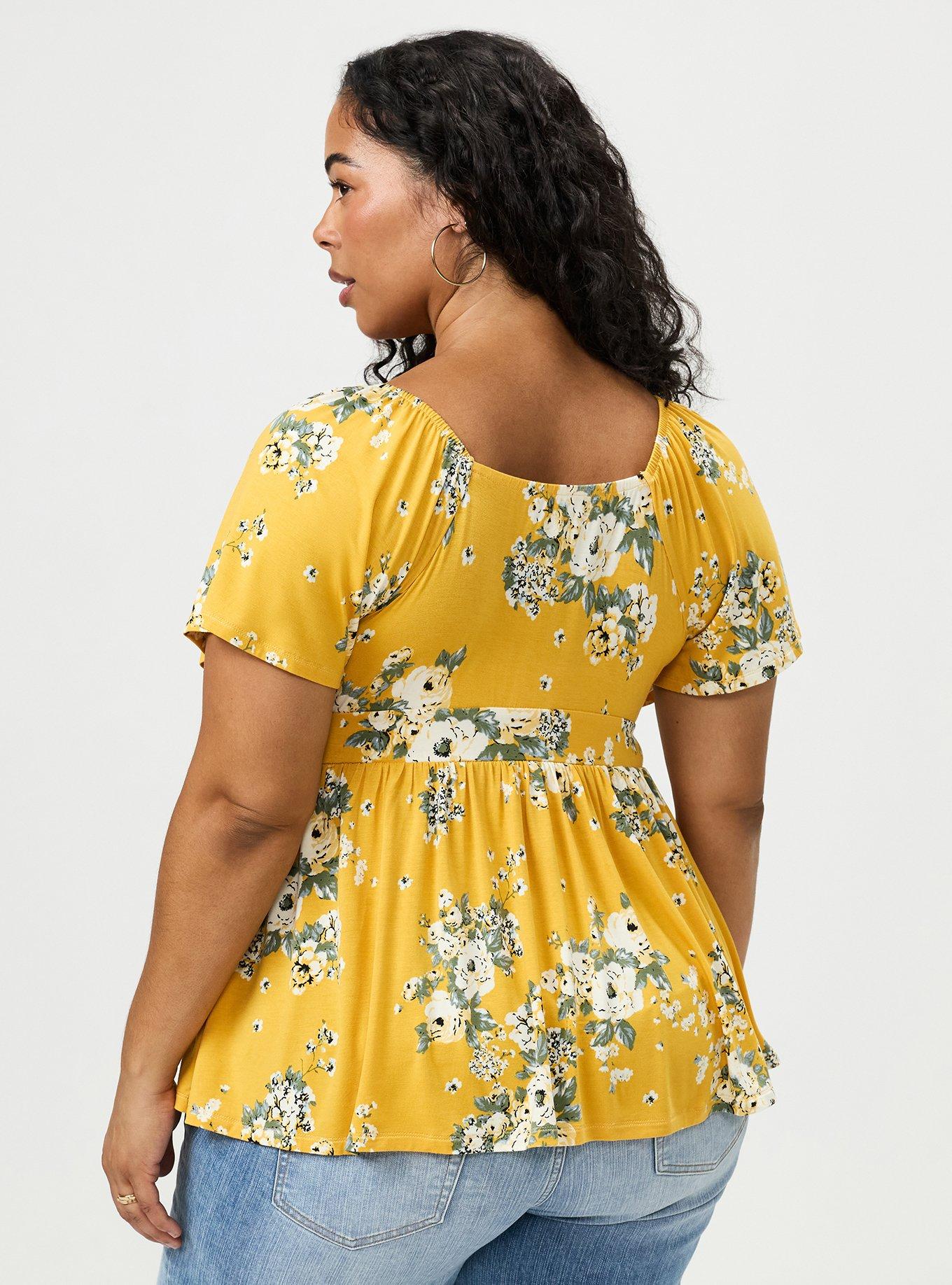 Plus Size Super Soft Jersey Flutter Sleeve Babydoll Top, MARCIE ROSE FLORAL YELLOW, alternate