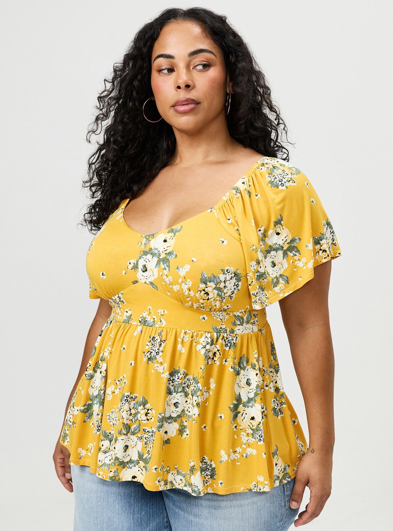 Plus Size Super Soft Jersey Flutter Sleeve Babydoll Top, MARCIE ROSE FLORAL YELLOW, alternate