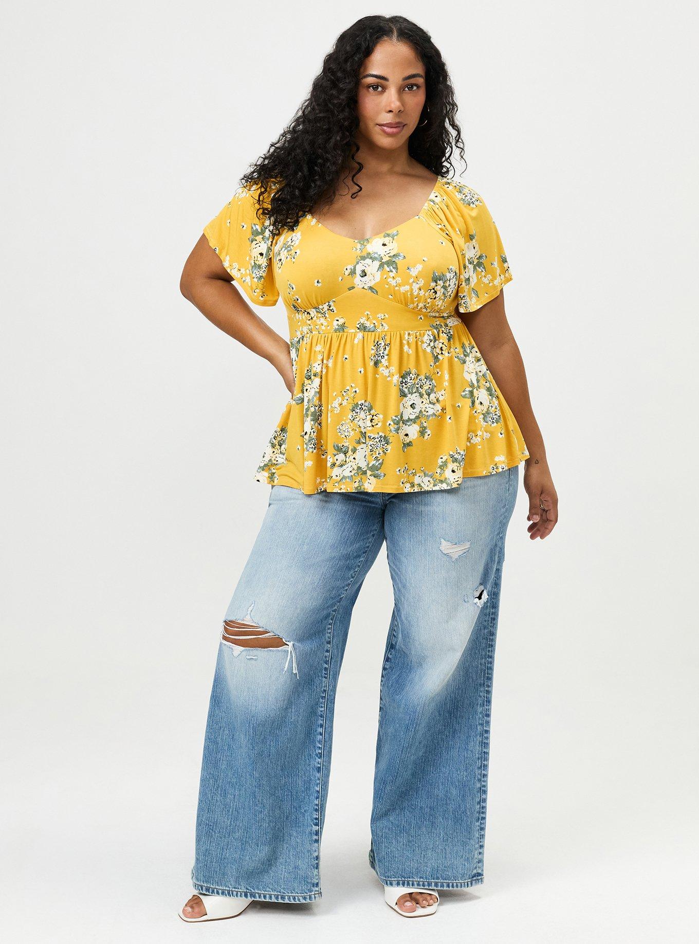 Plus Size Super Soft Jersey Flutter Sleeve Babydoll Top, MARCIE ROSE FLORAL YELLOW, alternate