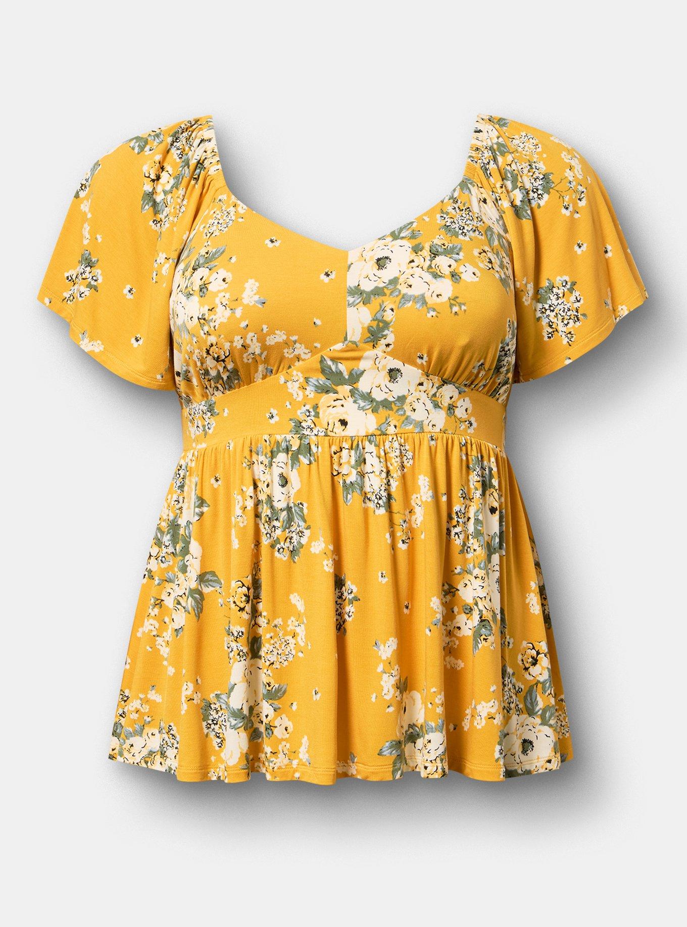 Plus Size Super Soft Jersey Flutter Sleeve Babydoll Top, MARCIE ROSE FLORAL YELLOW, hi-res