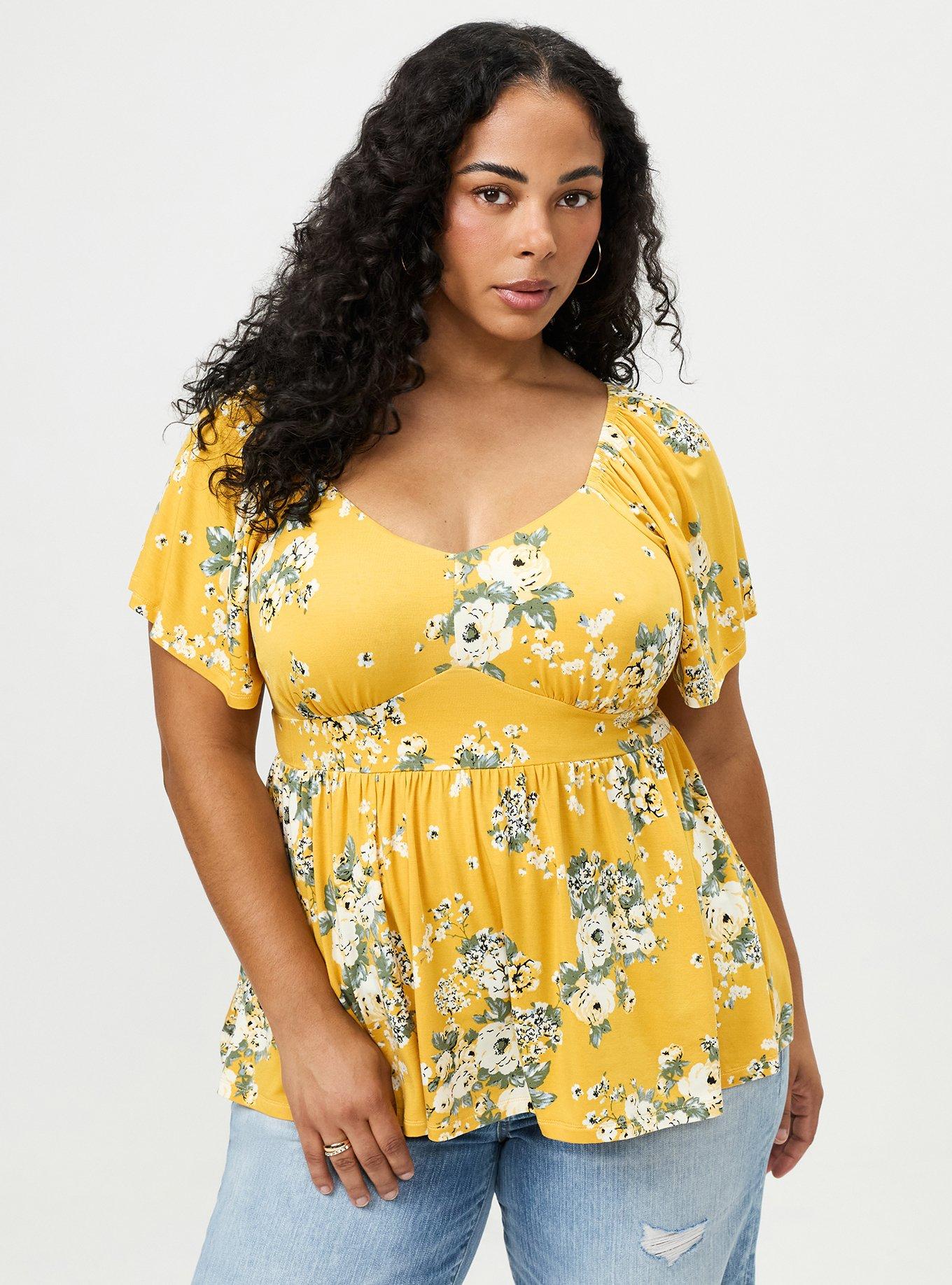 Plus Size Super Soft Jersey Flutter Sleeve Babydoll Top, MARCIE ROSE FLORAL YELLOW, hi-res