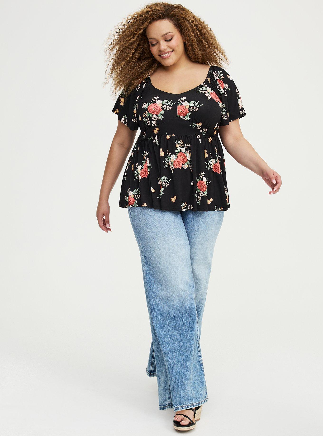 Super Soft Jersey Flutter Sleeve Babydoll Top, ALEXIS FLORAL BLACK, alternate