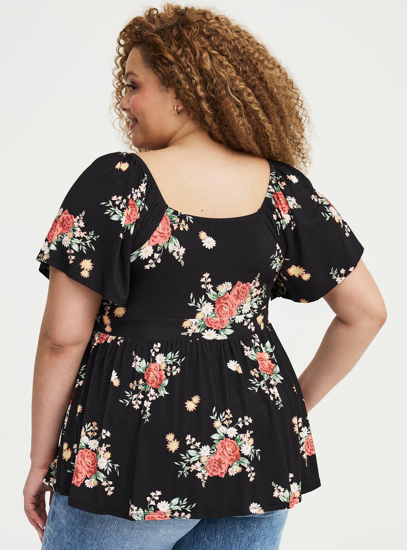 Super Soft Jersey Flutter Sleeve Babydoll Top, ALEXIS FLORAL BLACK, alternate