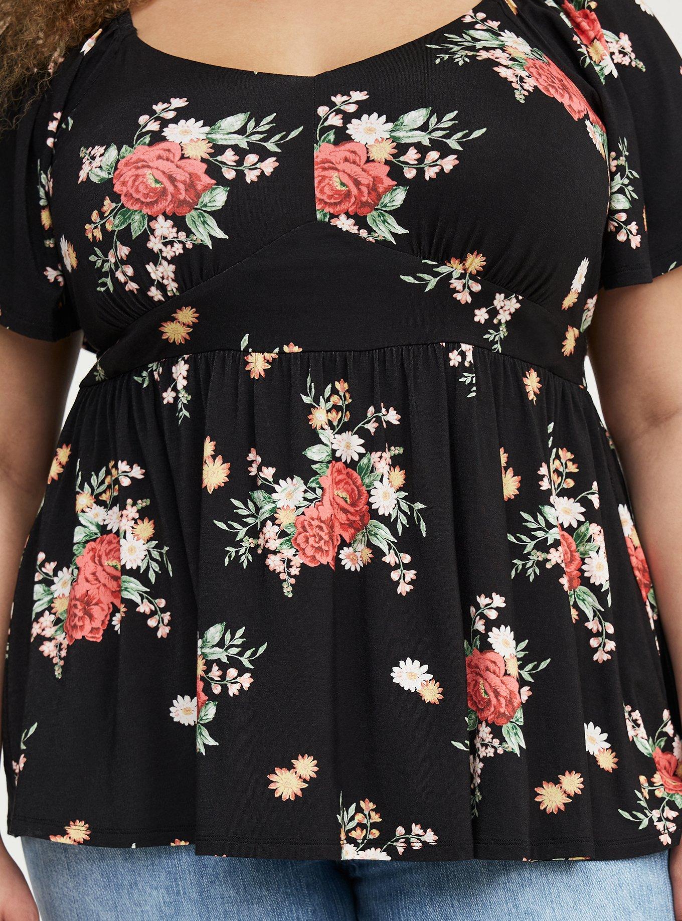 Super Soft Jersey Flutter Sleeve Babydoll Top, ALEXIS FLORAL BLACK, alternate