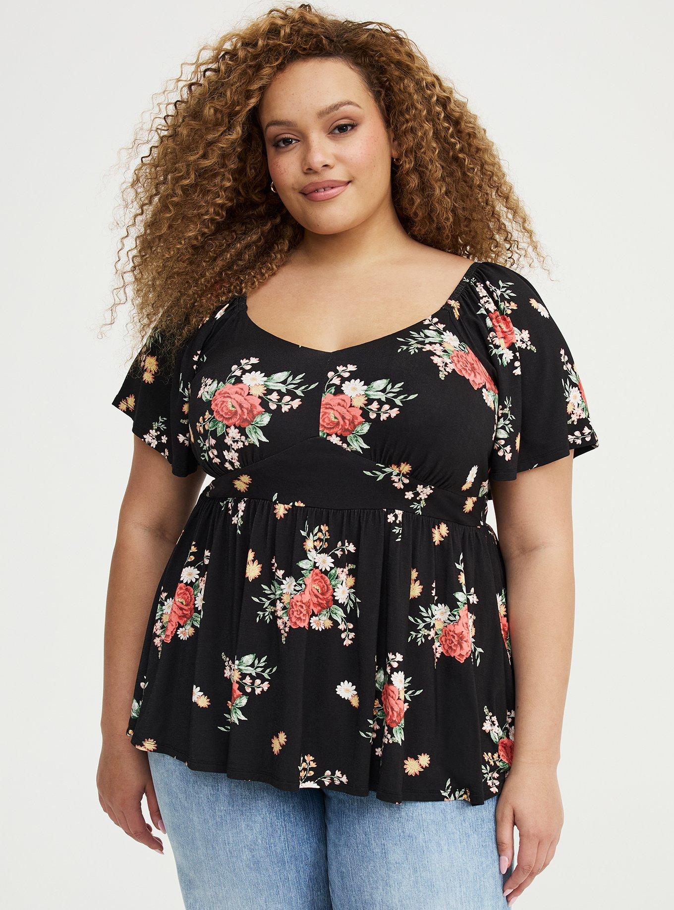Super Soft Jersey Flutter Sleeve Babydoll Top, ALEXIS FLORAL BLACK, hi-res