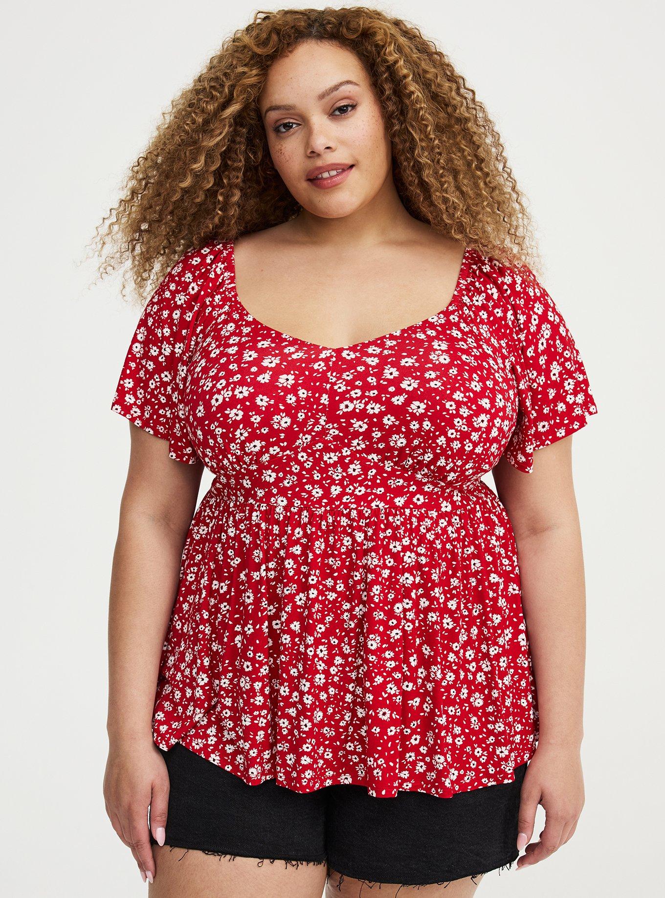 Super Soft Jersey Flutter Sleeve Babydoll Top, DOLLY DAISY FLORAL RED, hi-res