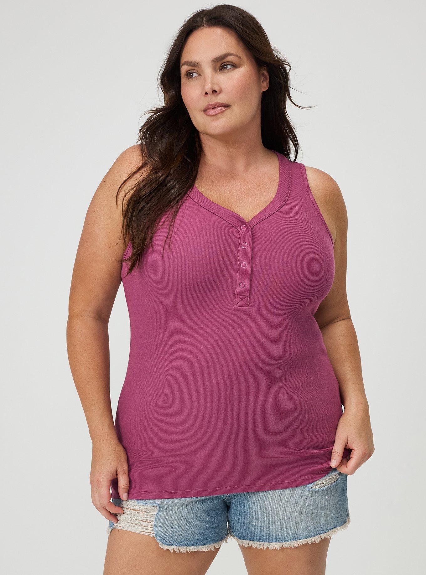 Plus Size Cotton Modal Curved Henley Tank Top, VIOLET QUARTZ, hi-res