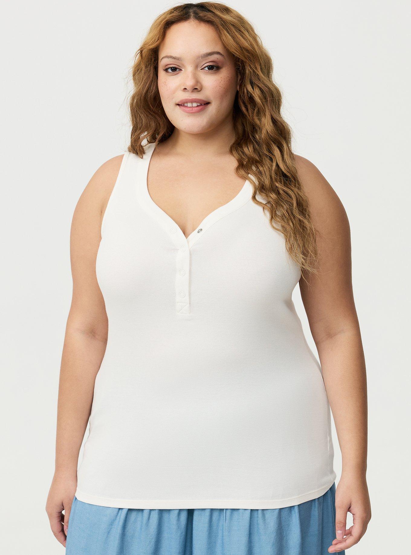 Plus Size Cotton Modal Curved Henley Tank Top, WHISPER WHITE, hi-res