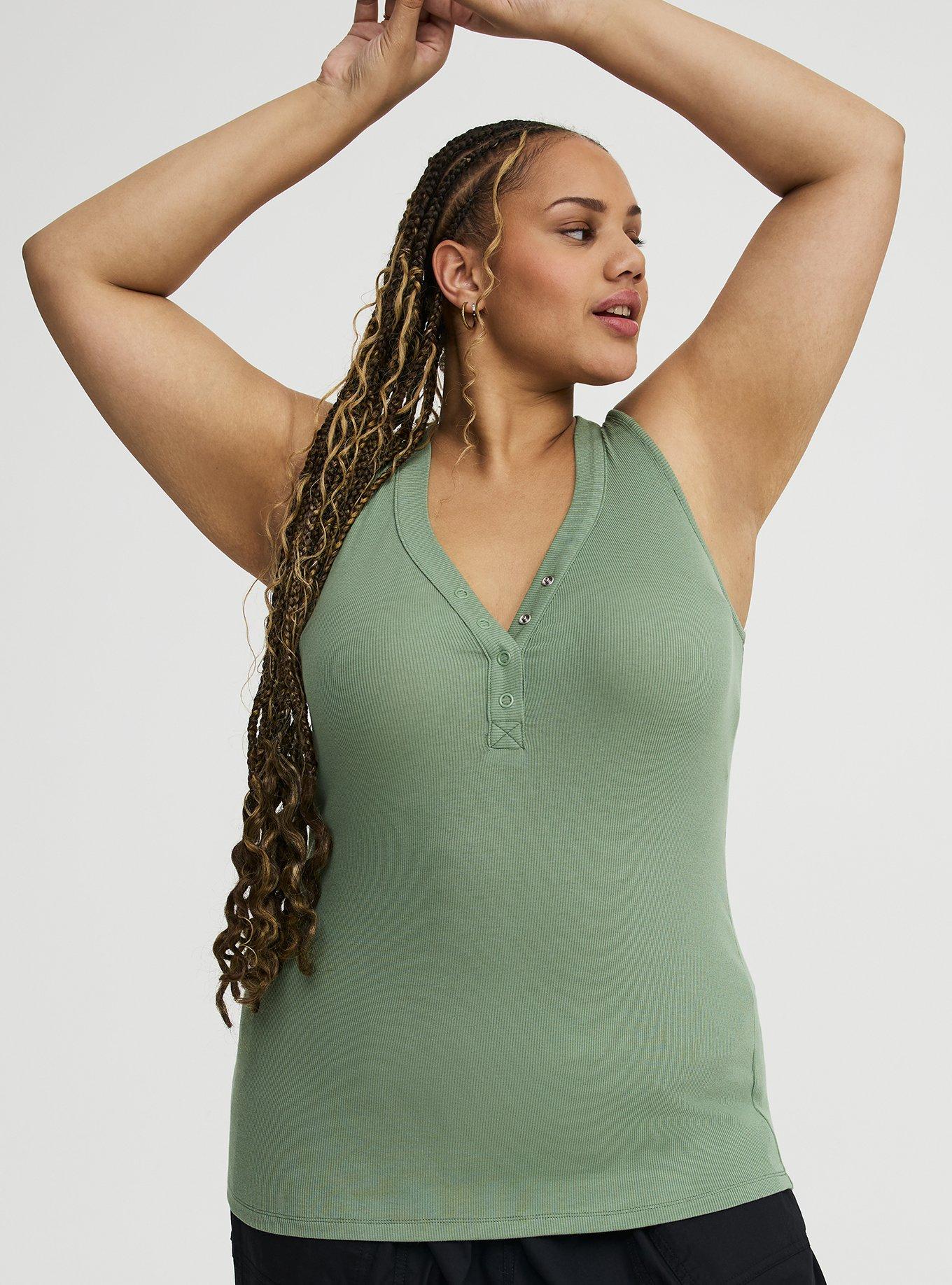 Cotton Modal Curved Henley Tank Top, HEDGE GREEN, hi-res