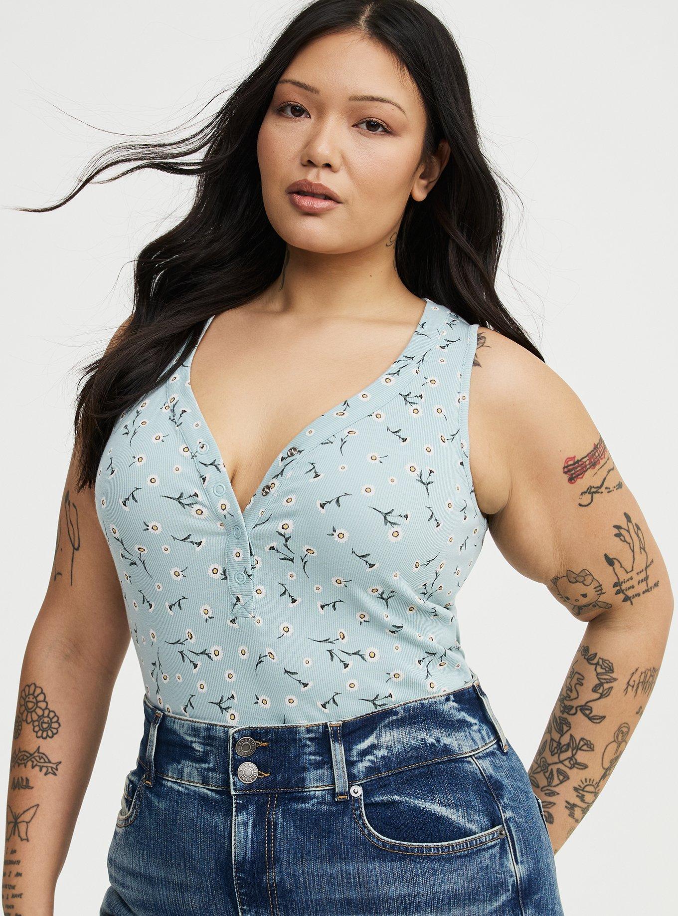 Cotton Modal Curved Henley Tank Top, DAINTY DAISY FLORAL MINT, alternate