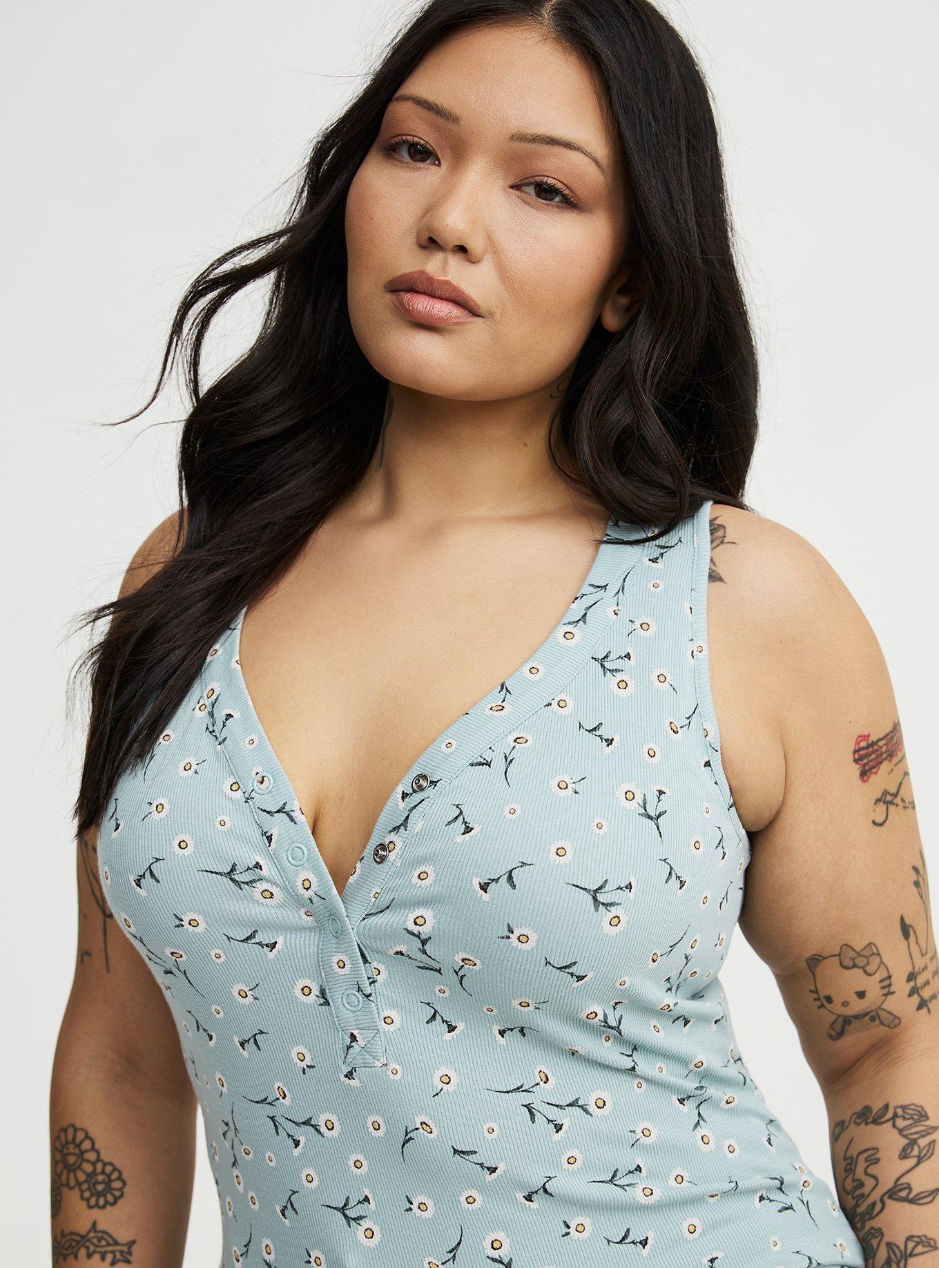 Cotton Modal Curved Henley Tank Top, DAINTY DAISY FLORAL MINT, alternate