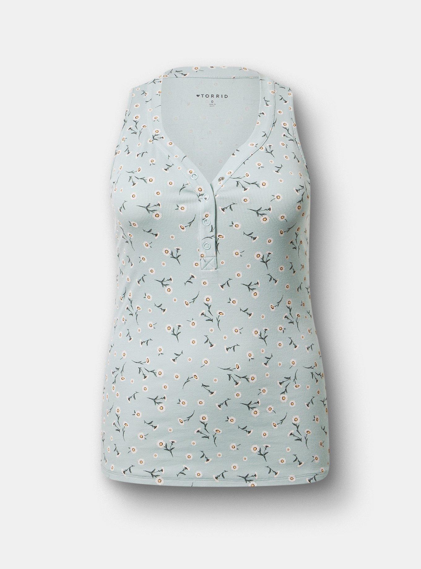 Cotton Modal Curved Henley Tank Top, DAINTY DAISY FLORAL MINT, hi-res