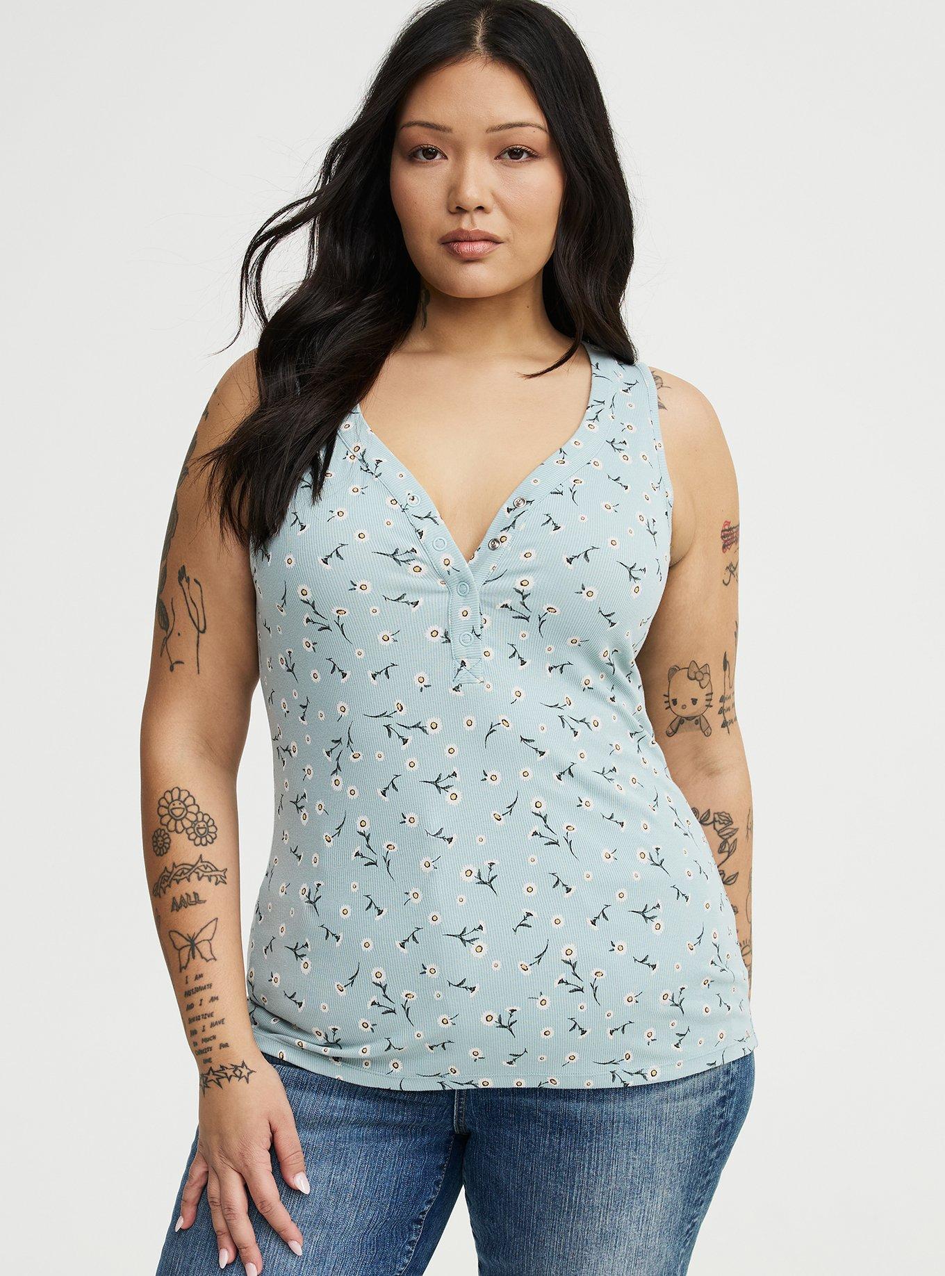 Cotton Modal Curved Henley Tank Top, DAINTY DAISY FLORAL MINT, hi-res