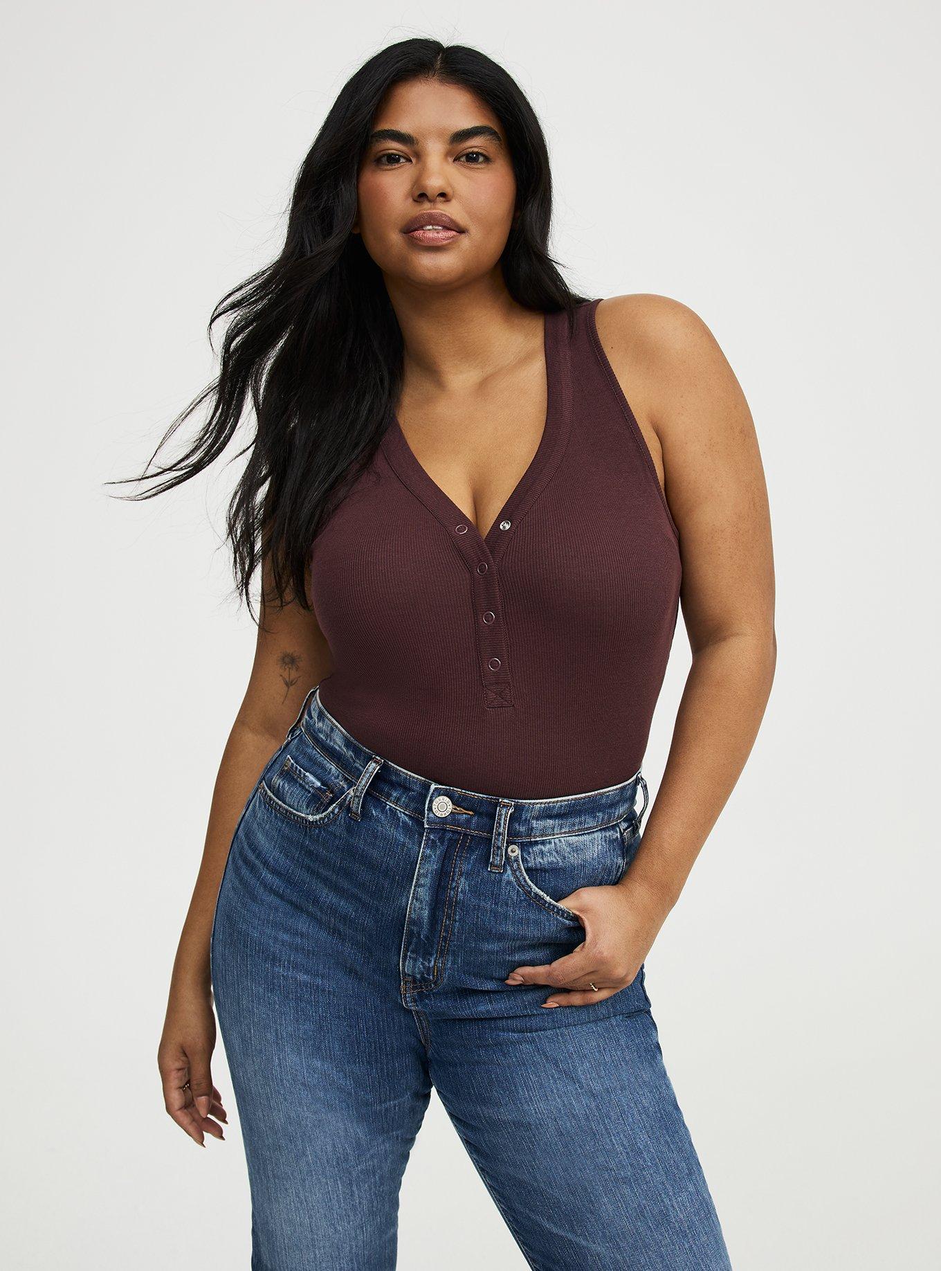 Cotton Modal Curved Henley Tank Top, FUDGE, alternate