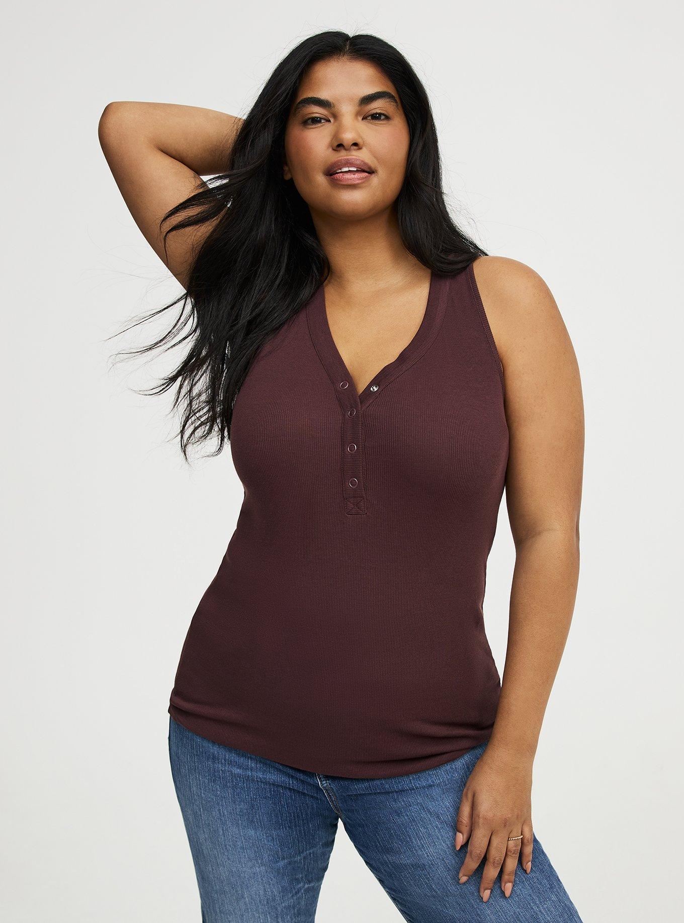 Cotton Modal Curved Henley Tank Top, FUDGE, hi-res