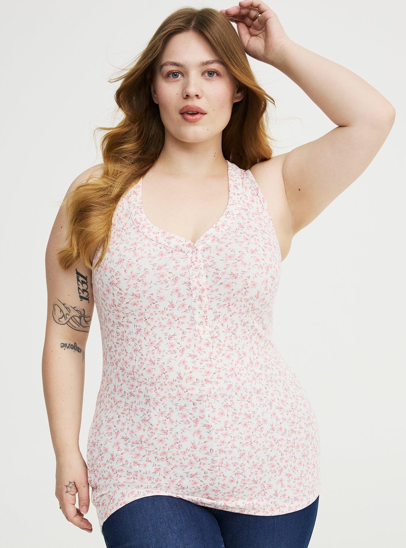 Cotton Modal Curved Henley Tank Top, DANIELLE DITSY IIVORY, hi-res